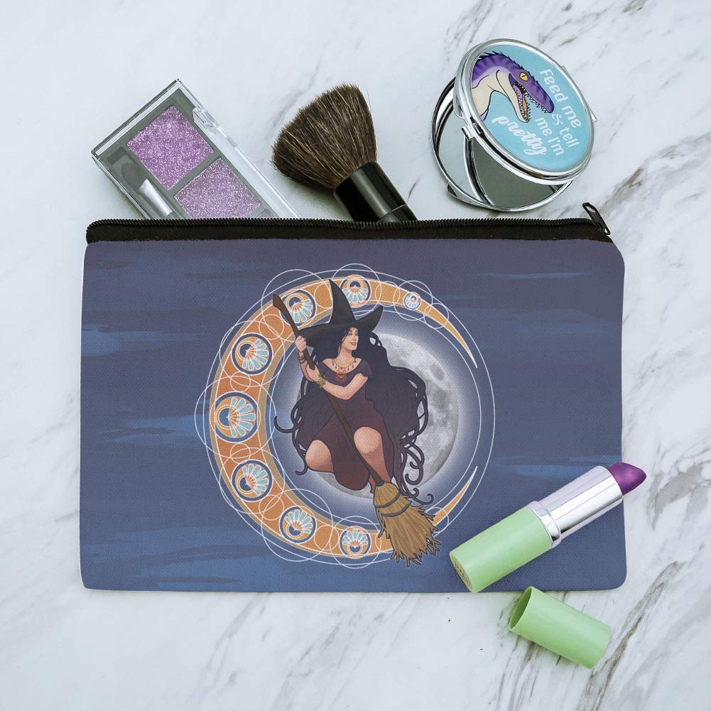 Art Nouveau Style Witch on Broom Over Moon Cosmetic Bag - Vintage Makeup Pouch Organizer for Travel, Gym & Daily Essentials Storage