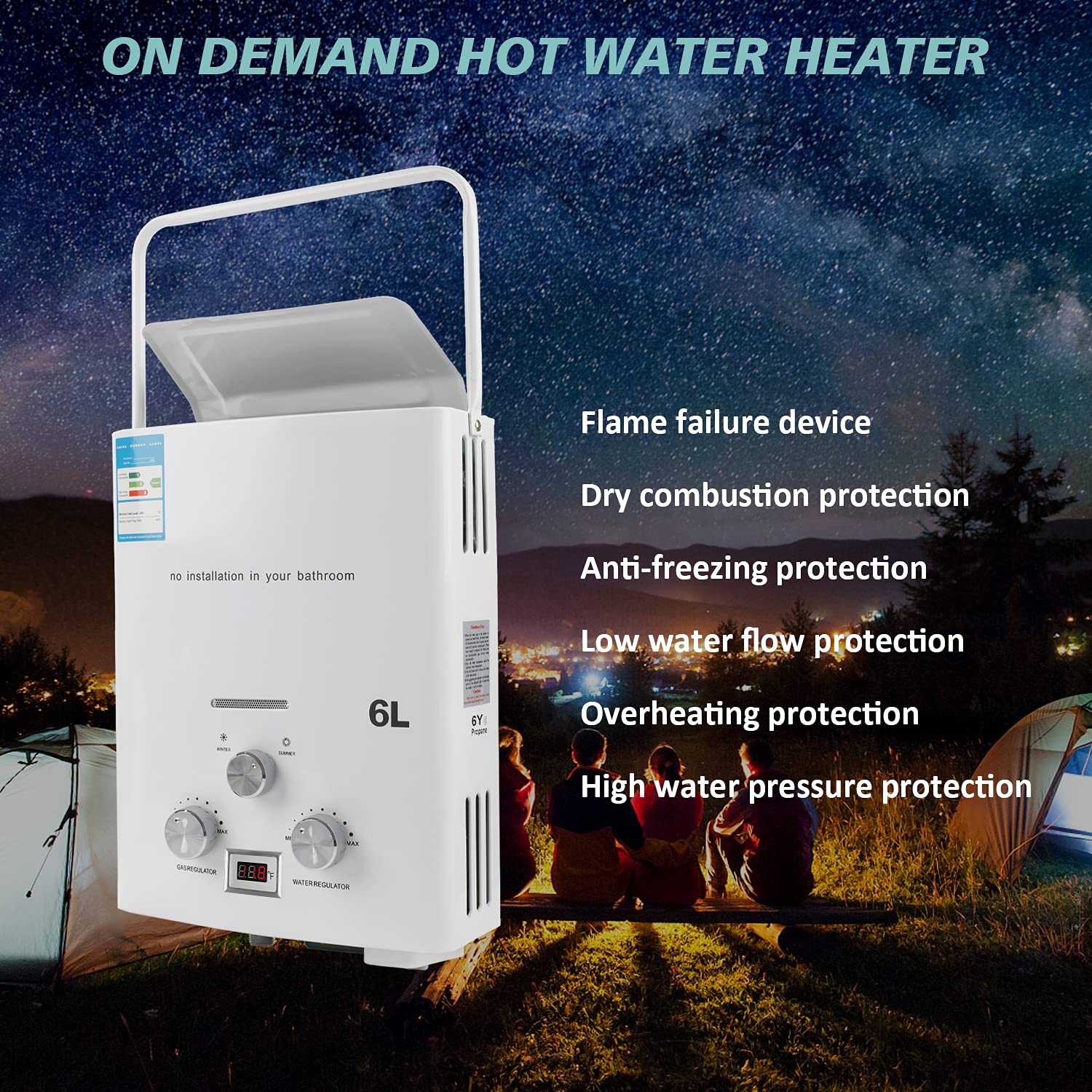 6L 1.6GPM Portable Propane Tankless Water Heater - Instant Hot Water for Camping, RV, Outdoor Showers | Overheating Protection | Perfect for Hiking, Backpacking & Off-Grid Living