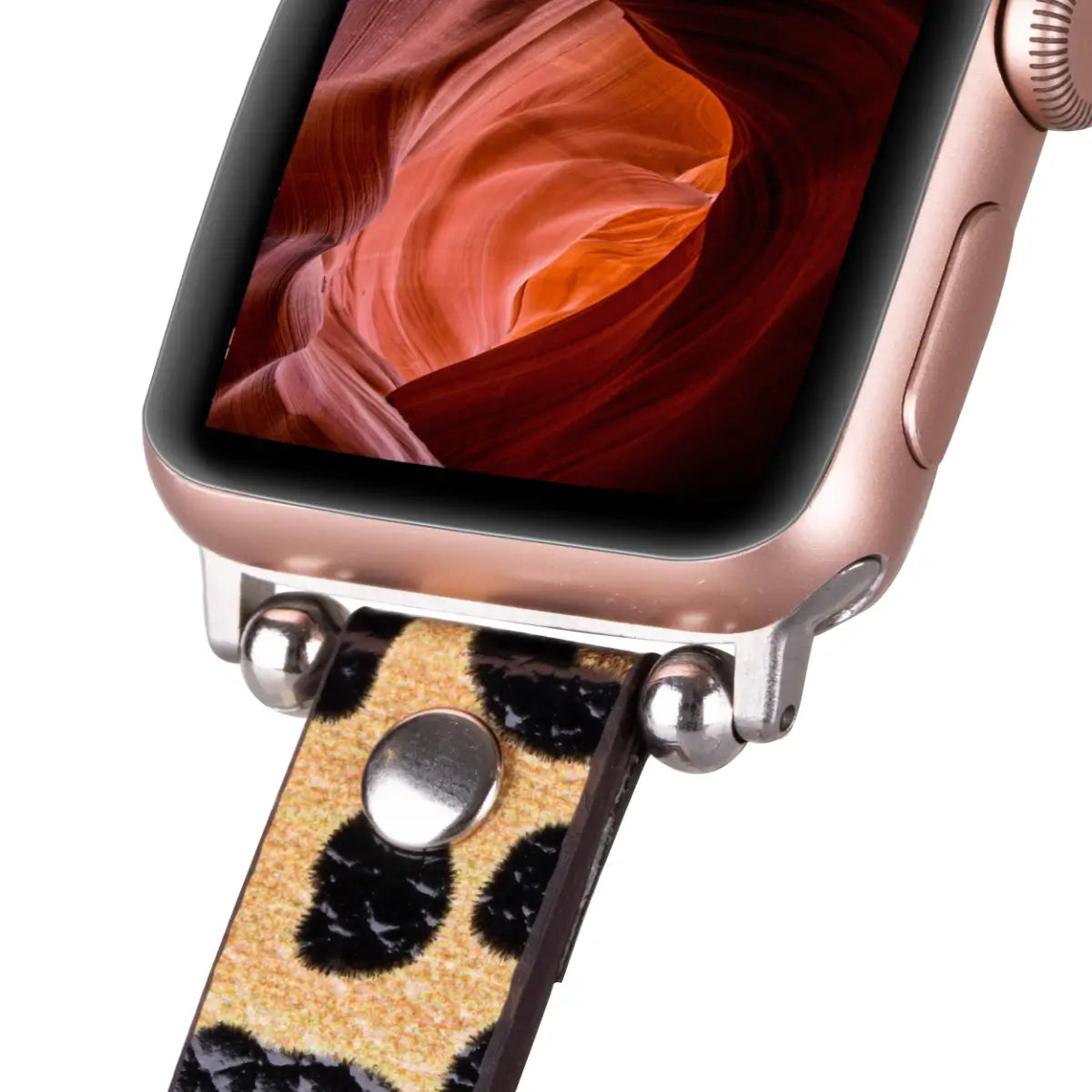 Leopard Print Genuine Leather Ultra Slim Apple Watch Band with Silver Rivets - Stylish & Durable Replacement Strap for Workouts, Office & Everyday Wear