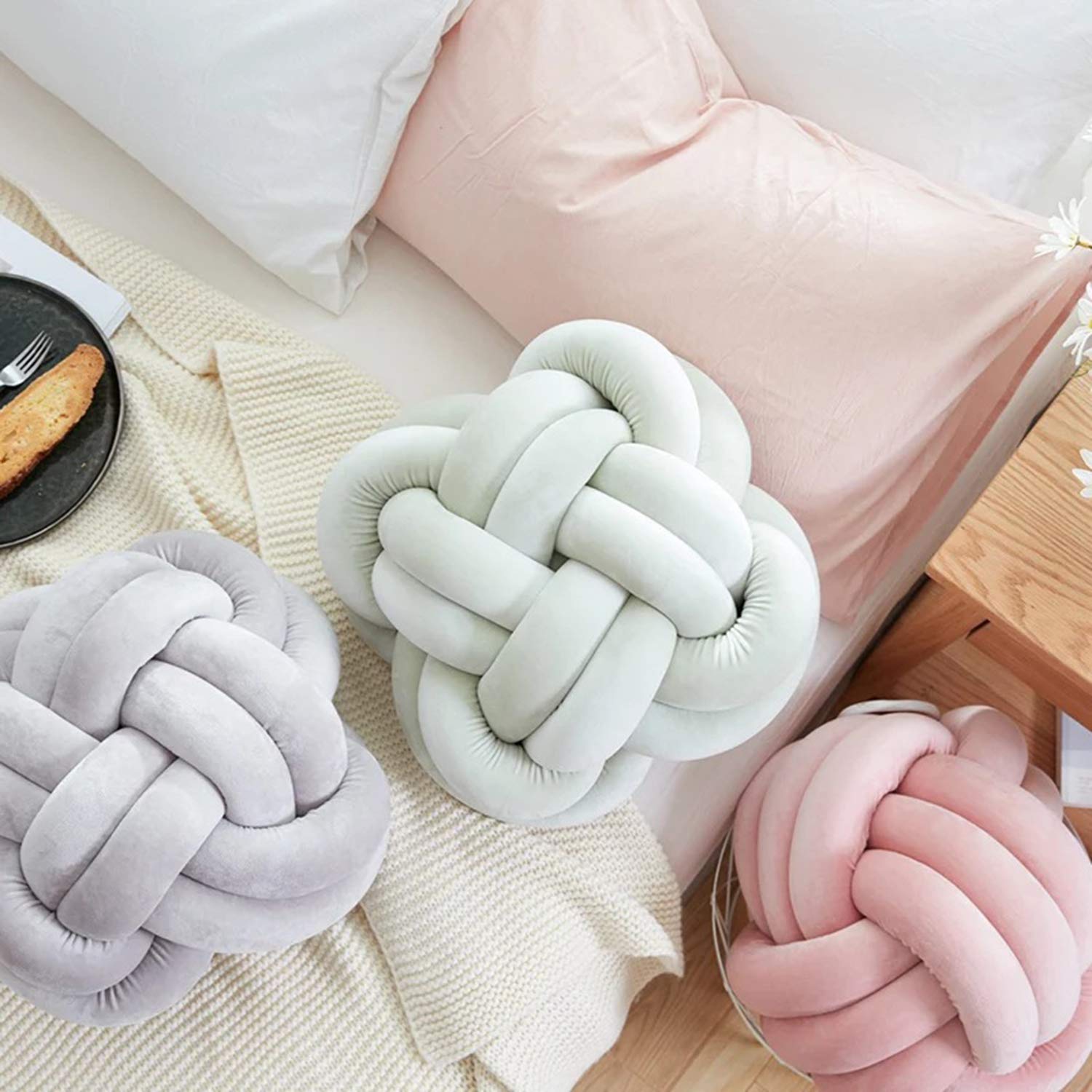 Handmade Soft Knotted Decorative Throw Pillows - Navy Blue Square Plush Floor Cushion for Couch, Bed & Living Room | Aesthetic Knot Pillow Ball (11.8