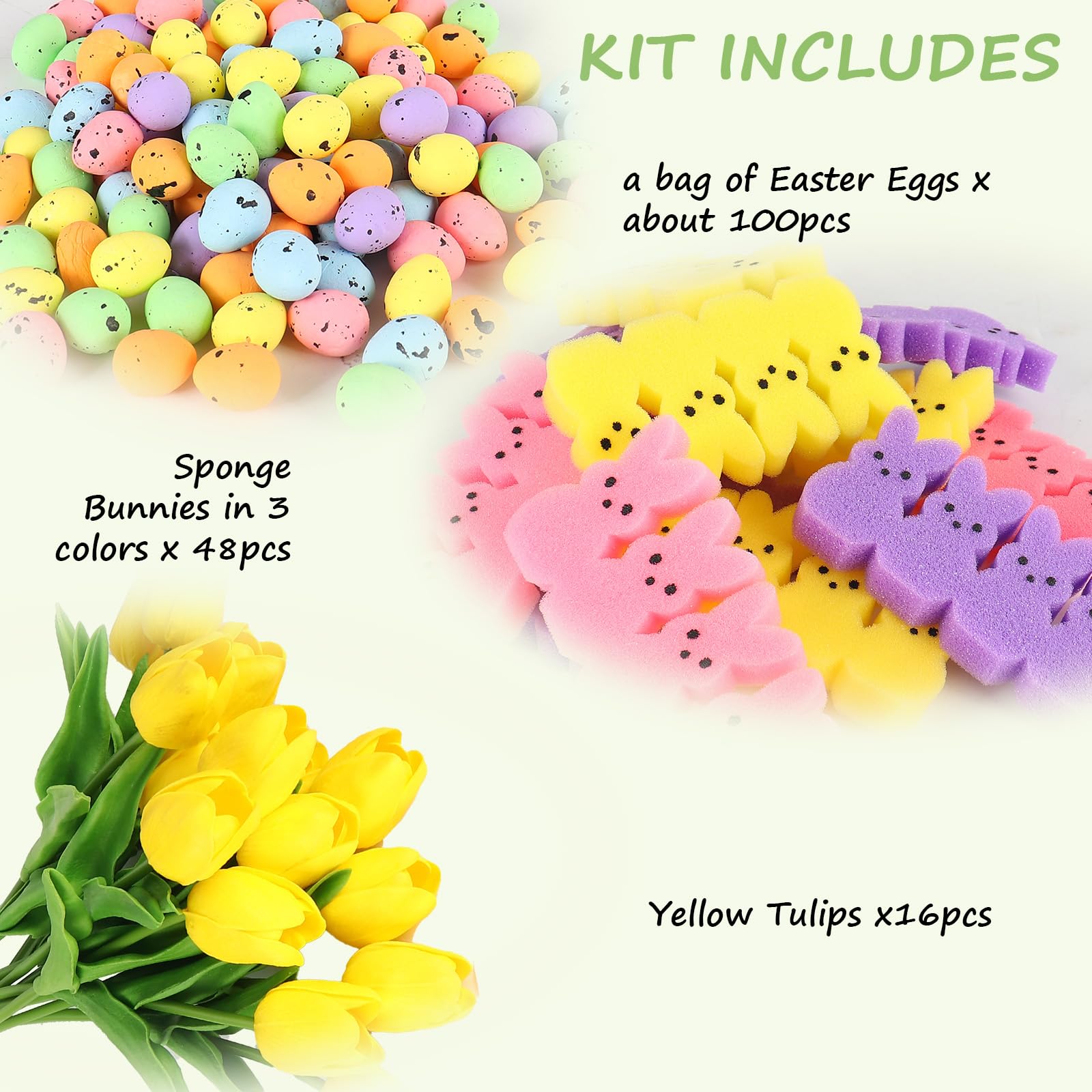 16 Artificial Tulips with 48 Bunnies & Egg Vase Filler Set - Easter Table Decorations, Spring Home Centerpiece for Dining Room, Party, Wedding (Yellow) | Indoor Floral Arrangement & Holiday Decor