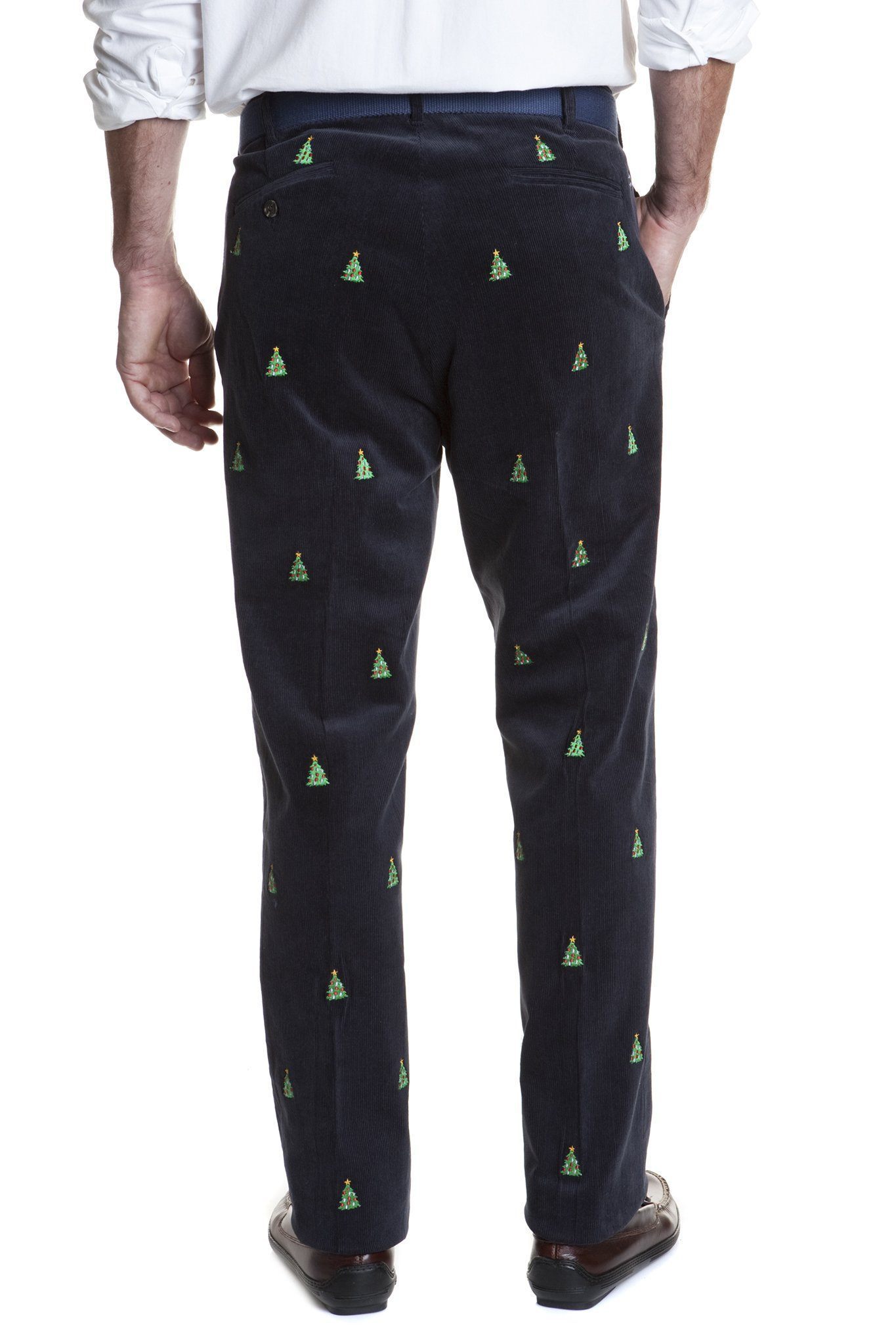 Beachcomber Corduroy Pants for Men - Nantucket Navy with Christmas Tree Print - Comfortable Casual Trousers for Holiday Parties & Winter Vacations