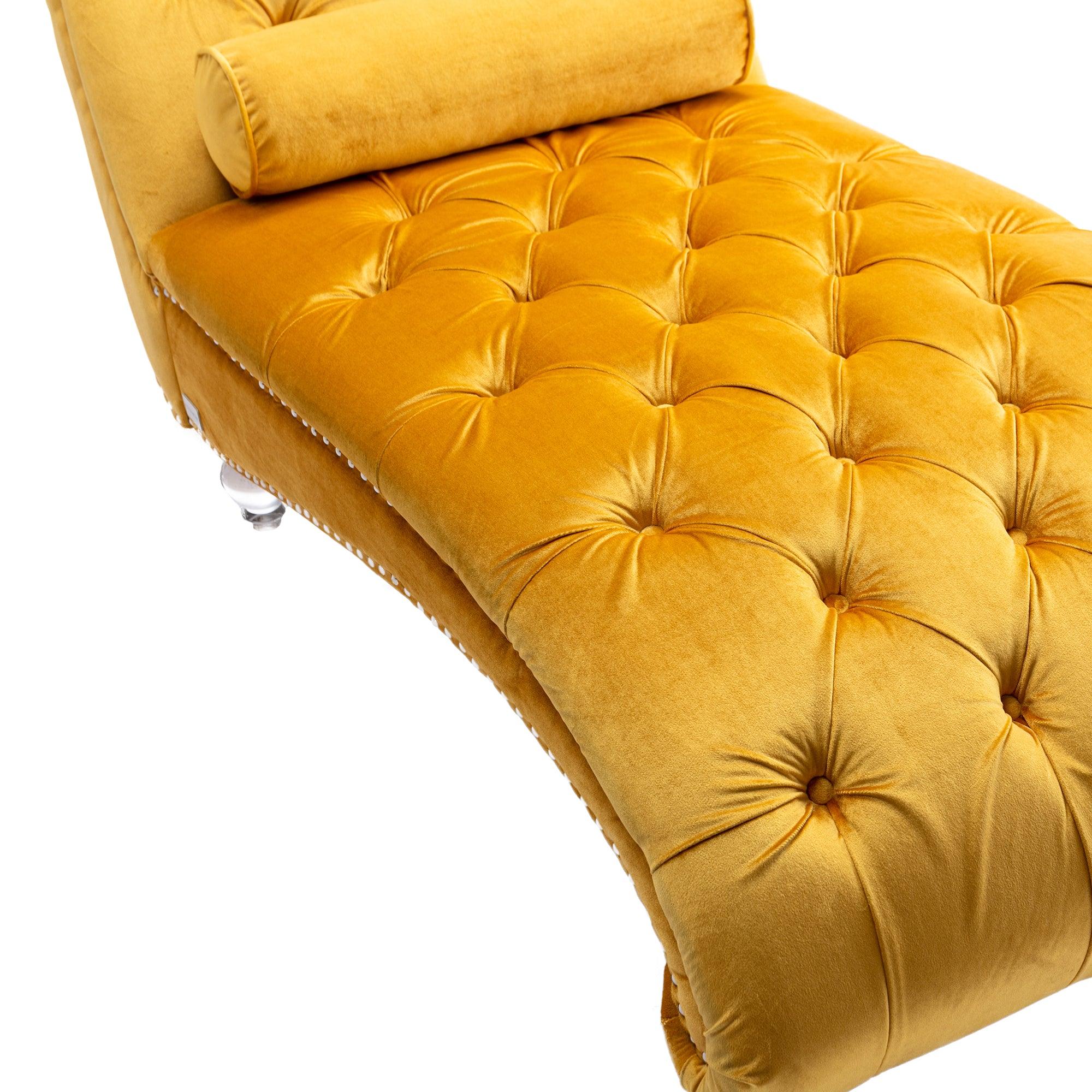 COOMORE Velvet Chaise Lounge Chair - Button Tufted Upholstered Sofa with Pillow, Mustard Velvet for Bedroom, Living Room & Office | Perfect for Reading Nook, Lounge Area & Home Decor