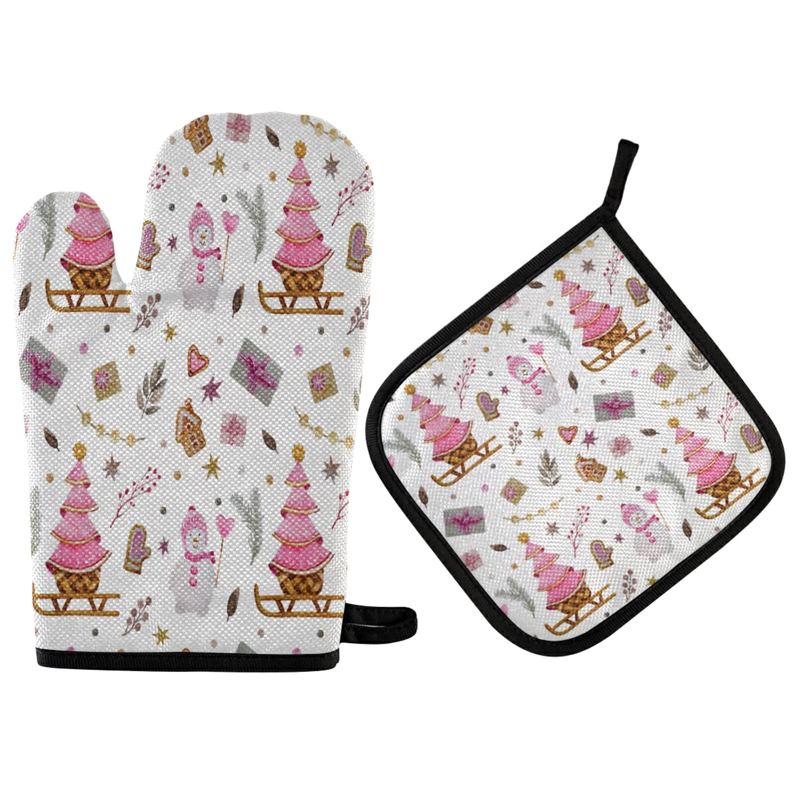 QUGRL Pink Christmas Tree Oven Mitts & Pot Holders Set - Snowman Pattern Heat Resistant Kitchen Gloves for Baking, Cooking & BBQ - Perfect Holiday Gift for Home Chefs