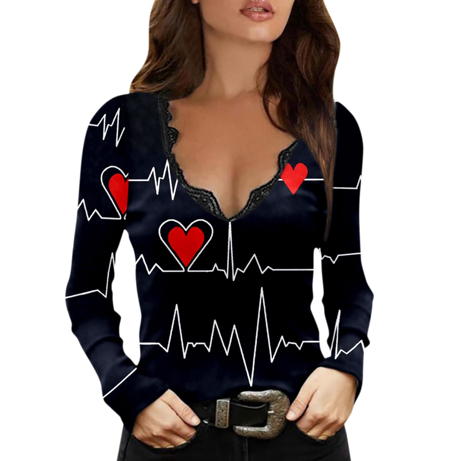 Valentine's Day Women's Sexy Long Sleeve V-Neck Graphic T-Shirt - Cute Casual Blouse & Tunic Top for Date Night, Party & Romantic Outfits