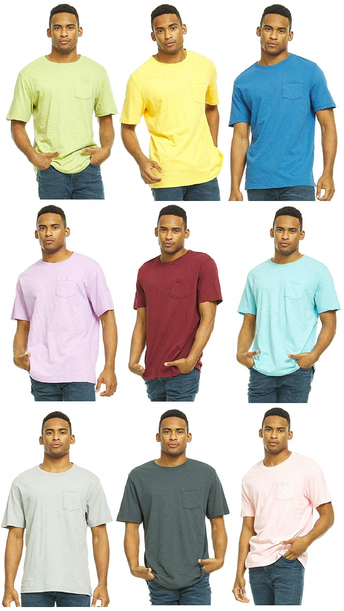 SOCKS'NBULK Men's Cotton Crew Neck Short Sleeve T-Shirts - 9 Pack Mix Colors Bulk (Pocket Tee Slub) for Casual Wear, Gym & Everyday Outfits