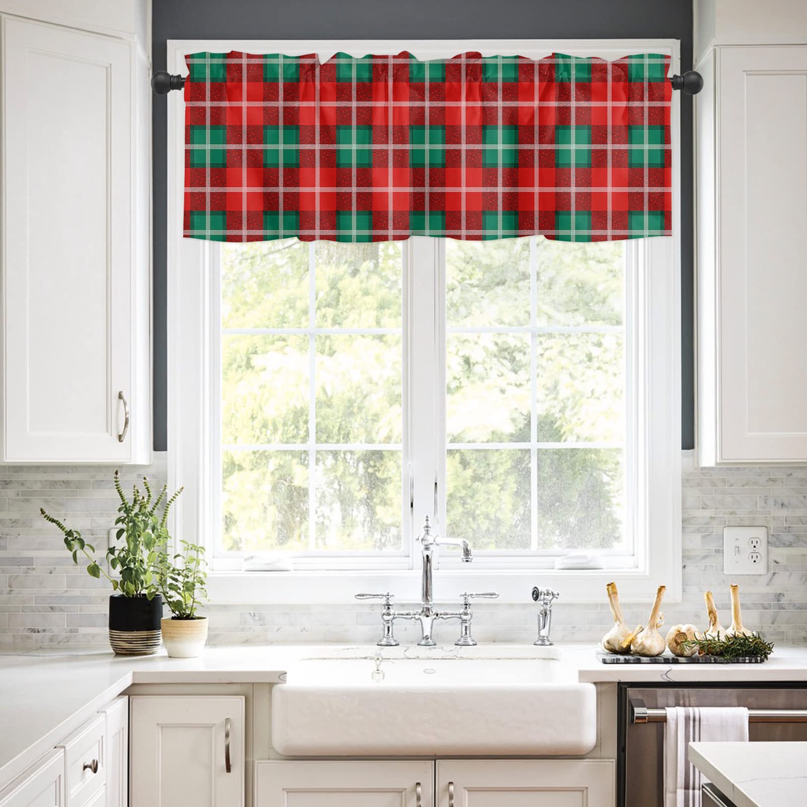 Merry Christmas Kitchen Curtains Set - 24 Inch Small Half Window Curtains with Rod Pocket, Red Green Black Plaid Geometric Design - Perfect for Cafe, Bathroom, Bedroom & Holiday Decor