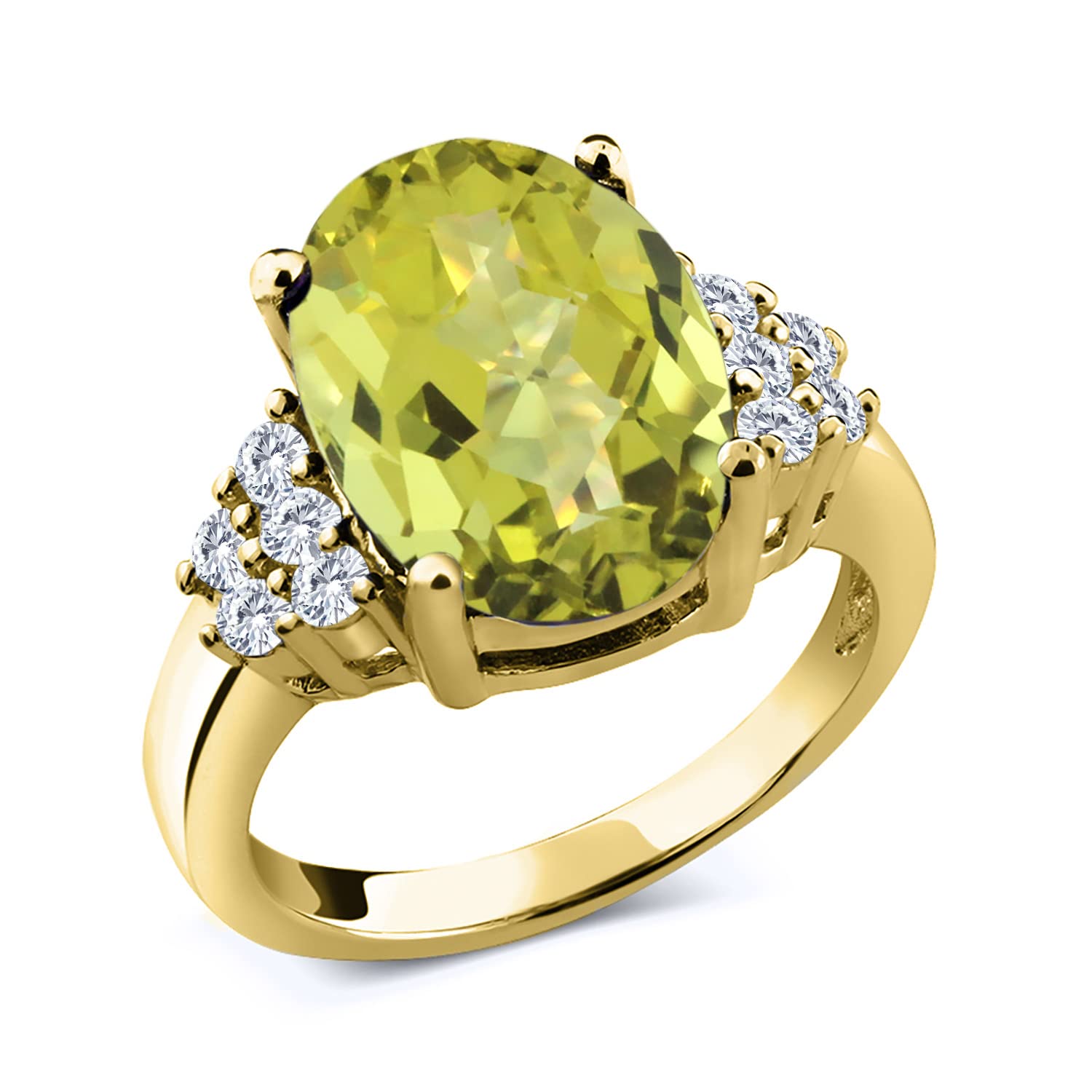 18K Yellow Gold Plated Silver Ring with Oval Checkerboard Yellow Lemon Quartz and Moissanite (6.13 Cttw) - Elegant Jewelry for Women, Perfect for Weddings, Anniversaries & Special Occasions | Gem Stone King