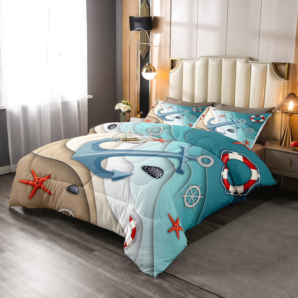 Nautical Anchor Down Comforter Set - Full Size Ocean Beach Bedding for Kids Boys Girls, Tropical Sea Hawaiian Vacation Quilt with 1 Comforter & 2 Pillowcases - Perfect for Coastal Themed Bedrooms & Beach House Decor