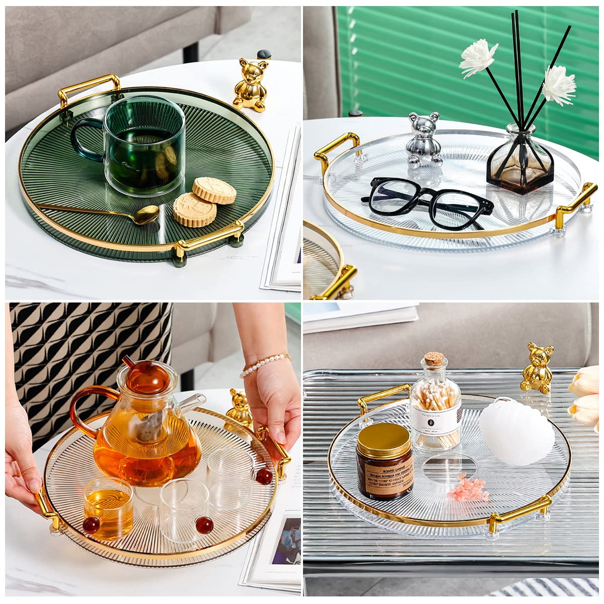 Modern Round Plastic Decorative Tray with Gold Handles - 11.61 Inch Serving Tray for Jewelry, Makeup & Perfume Storage | Vanity Organizer & Home Decor Display | Perfect for Bathroom Countertops, Dresser Tops & Coffee Table Decor