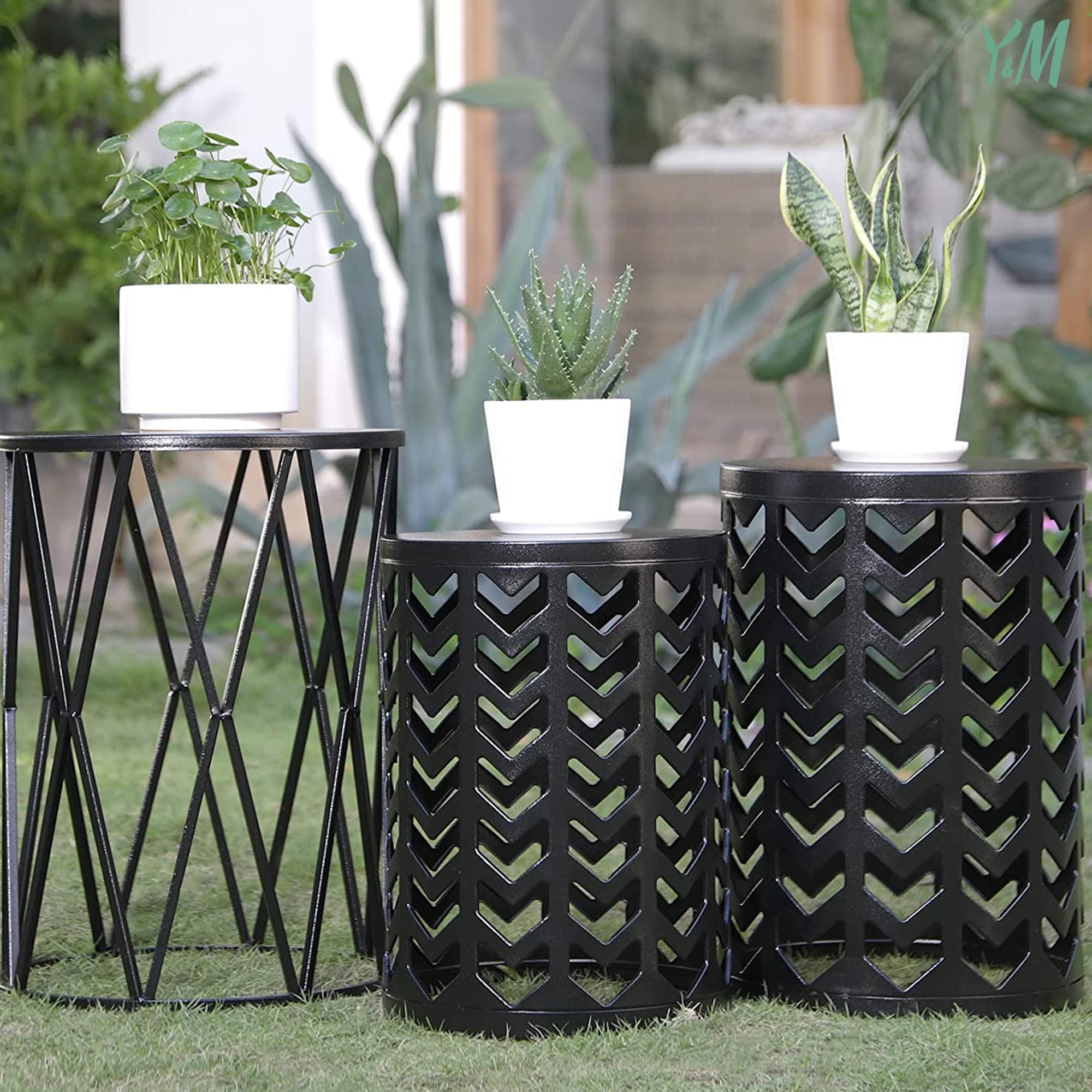 Y&M Set of 3 Round Metal Coffee Tables - Indoor Outdoor Side Tables, End Tables & Plant Stands - Heavy Duty Decorative Garden Stools in Black | Perfect for Living Room, Patio, Balcony & Backyard (Ships from USA)