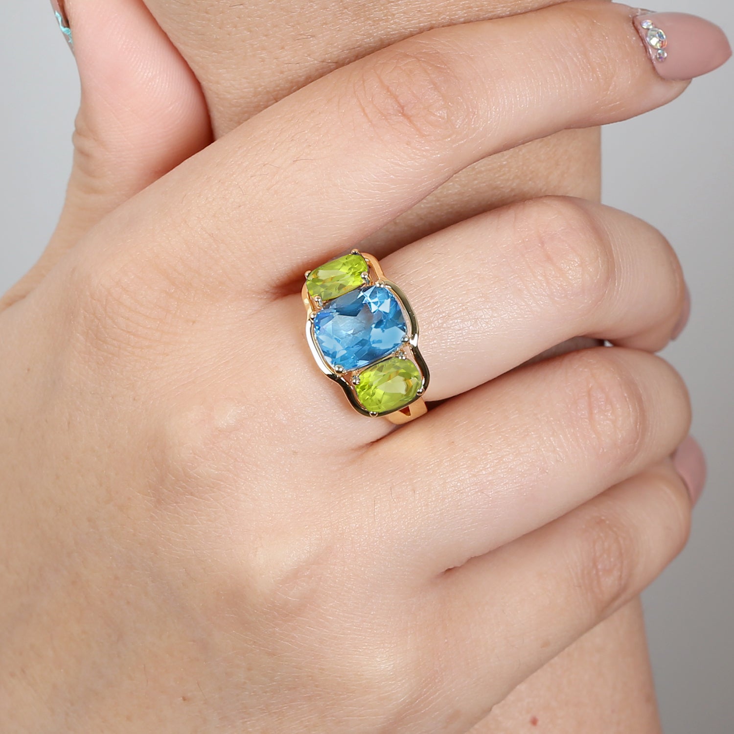 Blue Topaz Cushion Cut Peridot Gemstone Three Stone Ring in 14K Yellow Gold - Elegant Birthstone Jewelry for Women, Perfect for Anniversary Gifts & Special Occasions