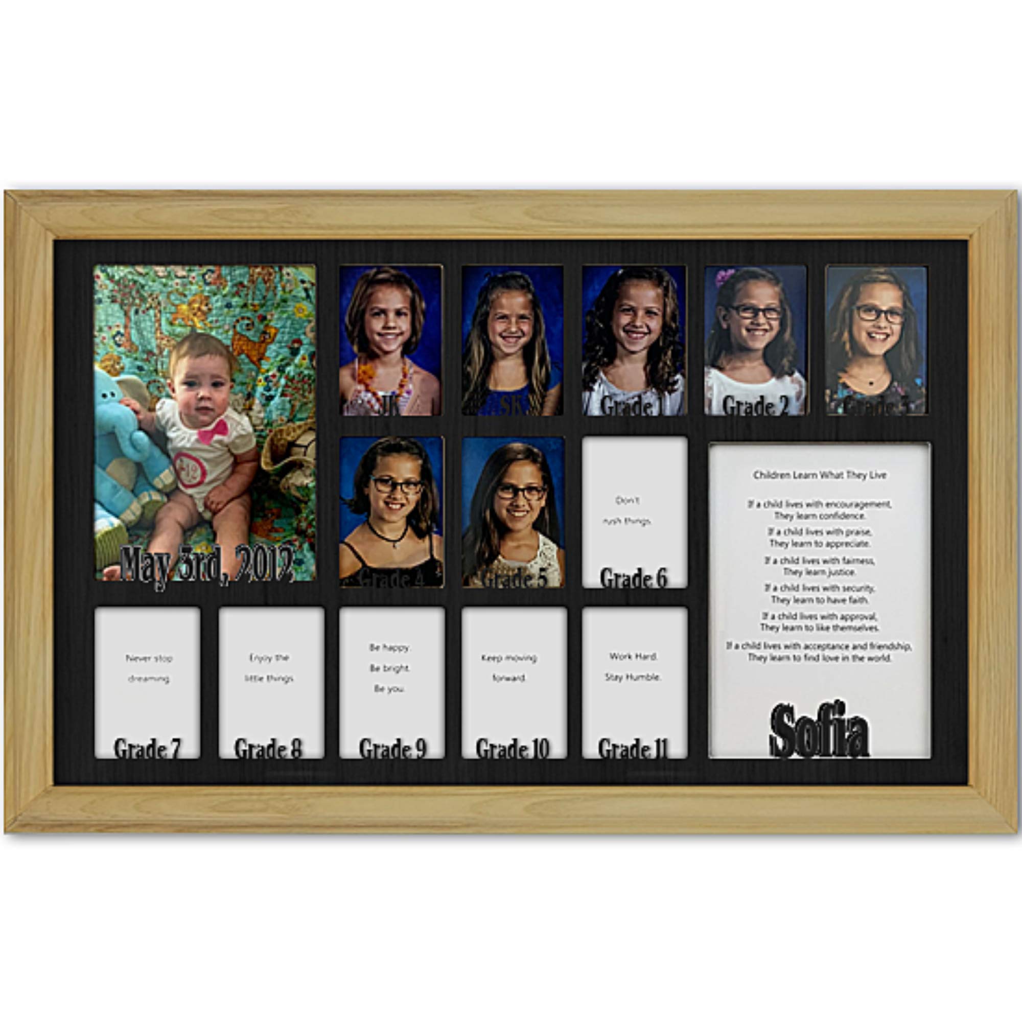 Personalized Northland School Years Photo Frame - Custom Name Engraved Oak Wood Frame with Black Mat for JK SK to Graduation Photos (Holds Twelve 2.5x3.5