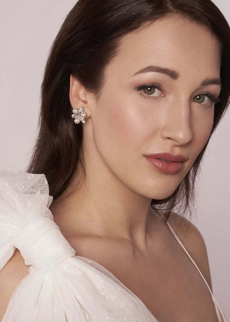 Elizabeth Bower Juliette Pearl & Crystal Stud Earrings in Rhodium Silver - Elegant Jewelry for Women, Perfect for Weddings, Parties & Special Occasions