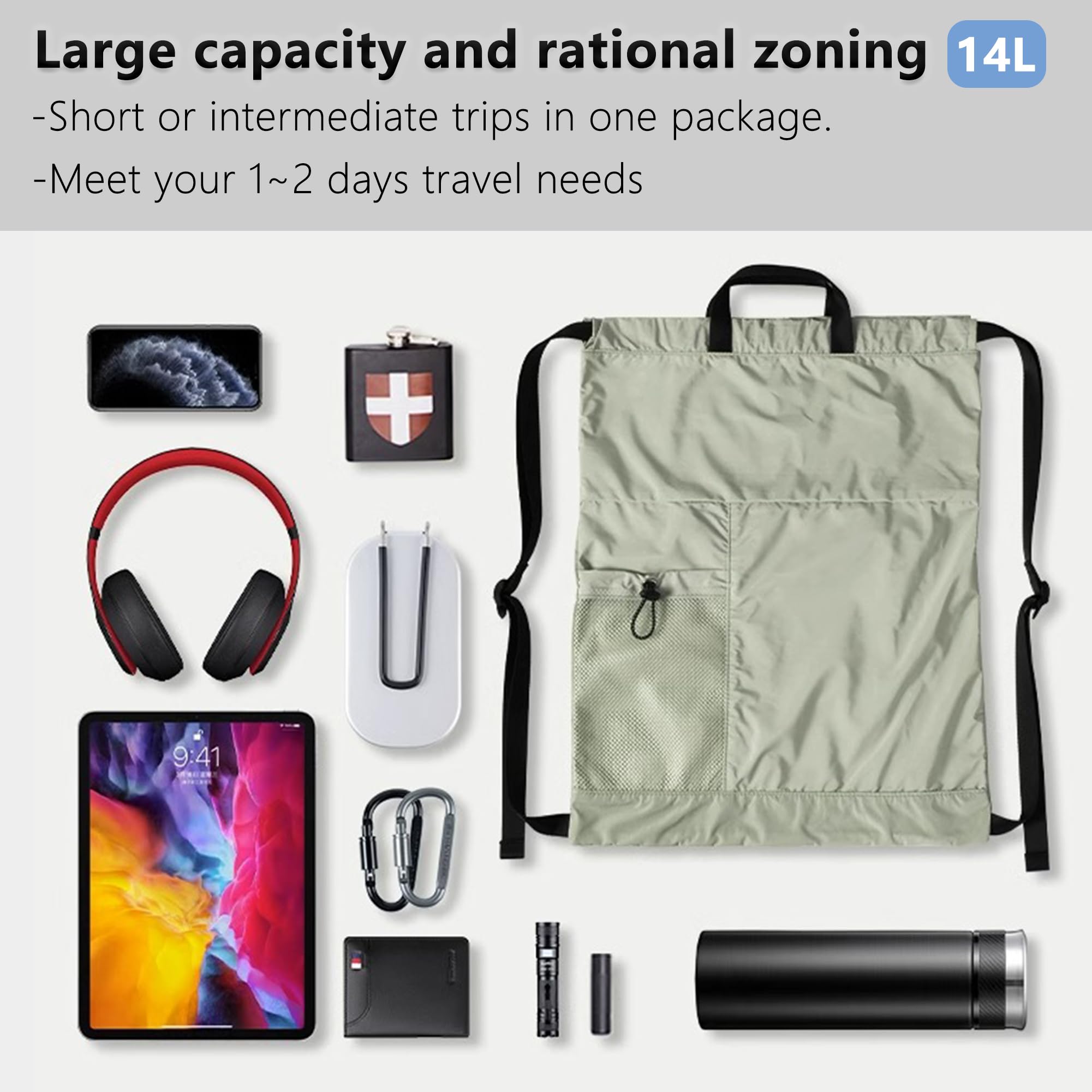14L Lightweight Foldable Travel Backpack - Waterproof Drawstring Hiking Gym Bag for Women & Men with Zipper Pockets & Mesh Bottle Holder | Perfect for Swimming, Sports, Camping & Outdoor Adventures (Green)