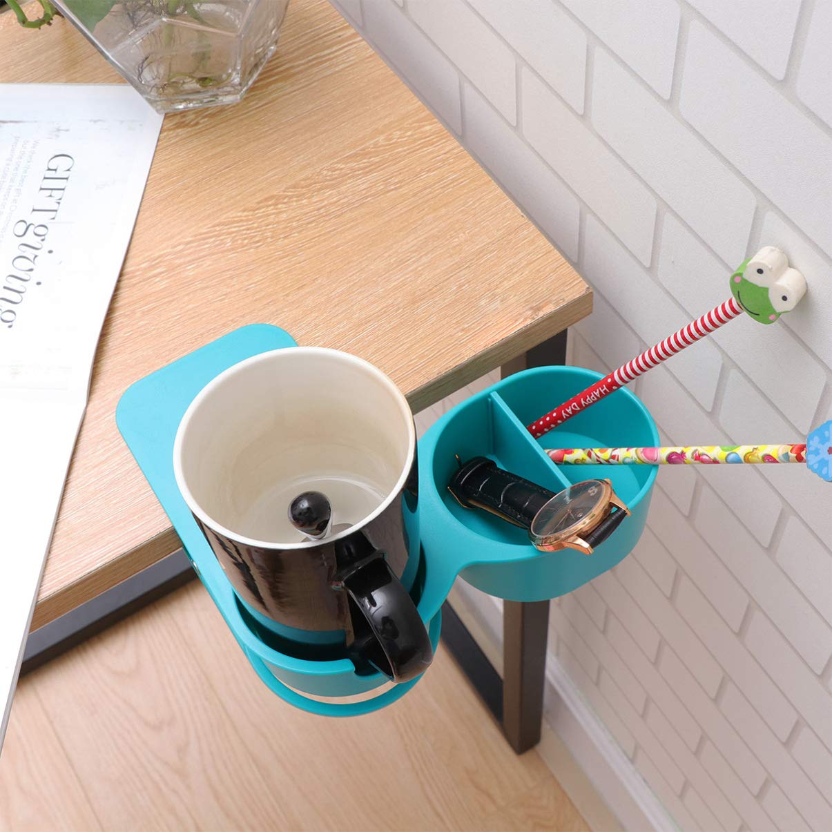 UPKOCH Clip On Cup Holder - Adjustable Drink Beverage Coffee Mug Organizer for Home, Office, Desk & Table Edge (Blue) - Perfect for Workspaces, Cars, Dorms & Outdoor Use