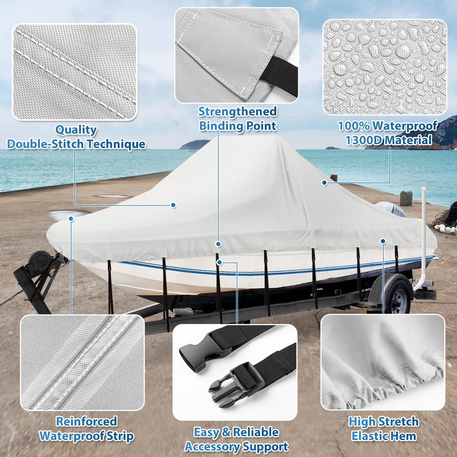 **Solim 17'-19' Heavy Duty Waterproof Boat Cover - 1300D Marine Grade Oxford UV Resistant Polyester Canvas with 18 Tie Down Straps - Center Console Boat Cover for Trailering & Storage (Gray)**    **Perfect for:** Protecting your center console boat from sun, rain, and debris while trailering or storing outdoors.