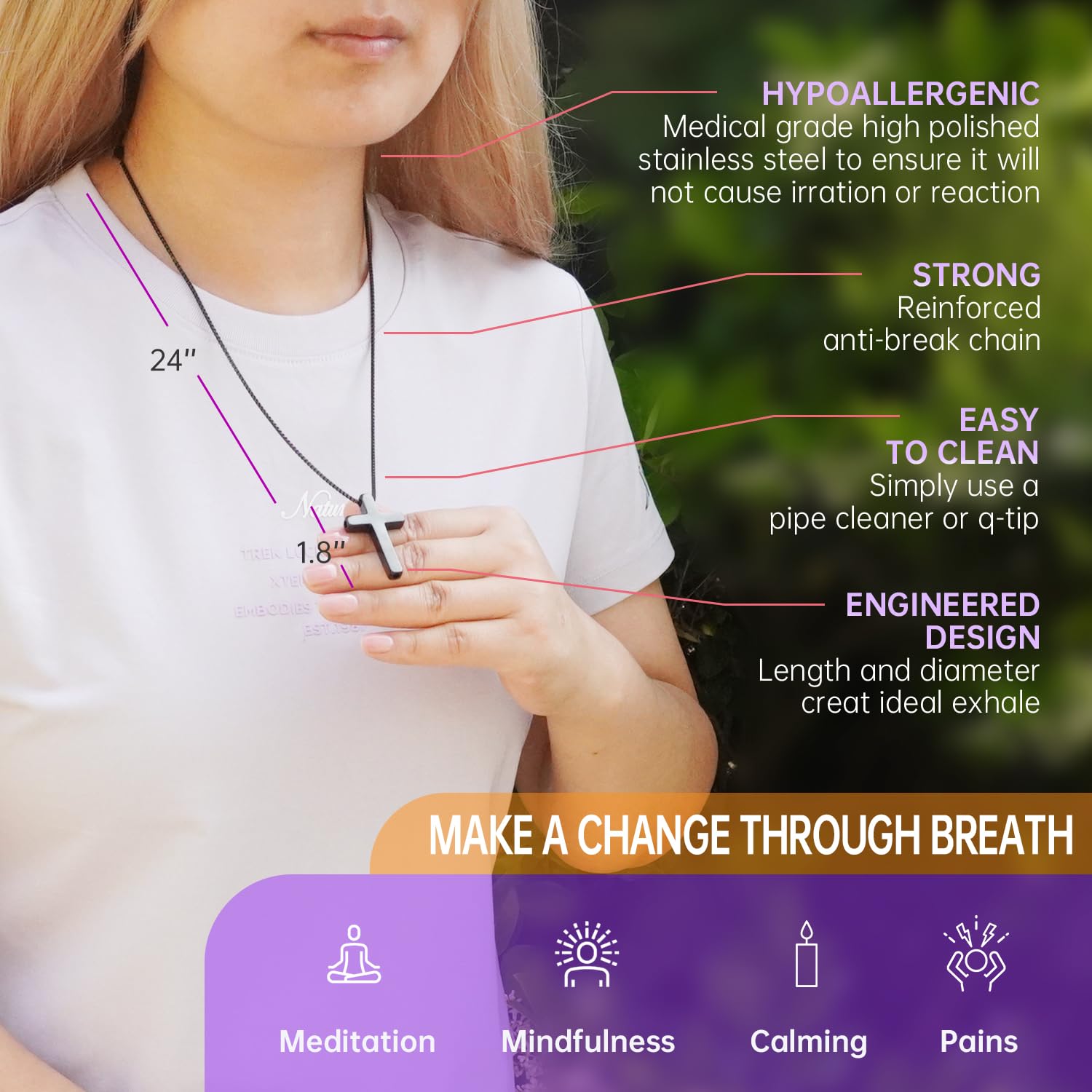 Breathlink Quit Smoking Necklace - Stainless Steel Anxiety Relief Gift for Mindfulness & Meditation