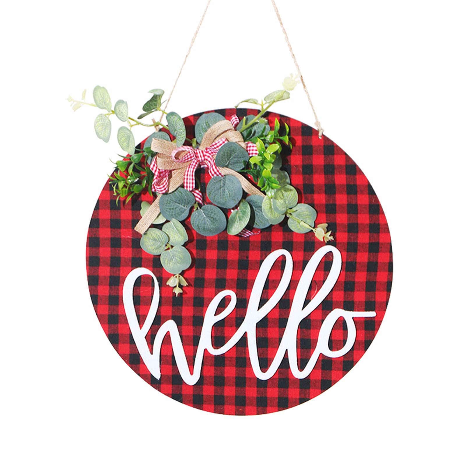 Festive Christmas Wreath for Front Door - Rustic Buffalo Check Plaid Wooden Holiday Decor with 'Hello' Sign for Farmhouse, Porch, Wall & Window - Indoor/Outdoor Use (12-inch, Multicolor) - Perfect for Holiday Home Decor, Seasonal Greetings & Cozy Winter Atmosphere