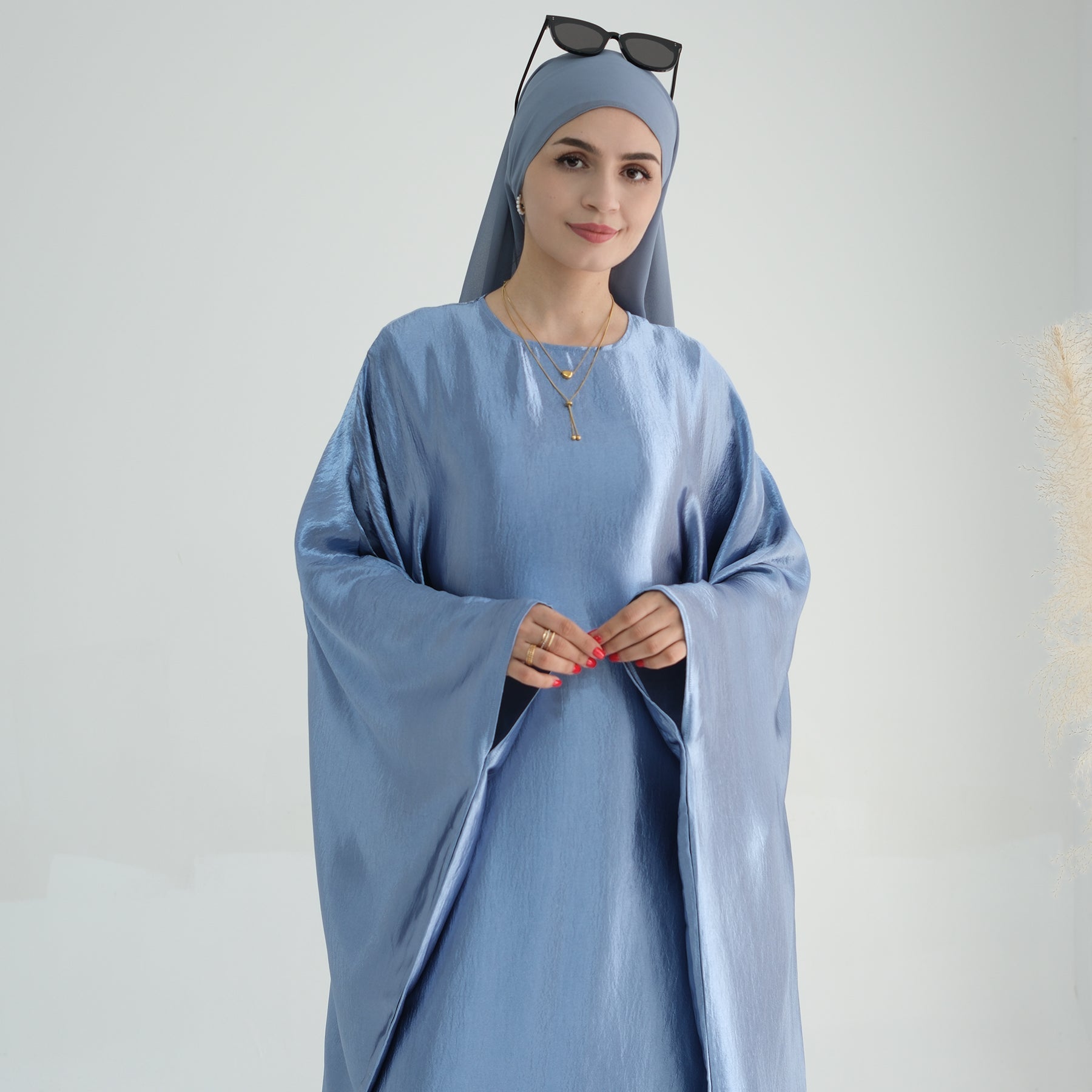 Elegant Blue Butterfly Satin Abaya Dress for Women - Modest Islamic Prayer Dress & Special Occasion Wear