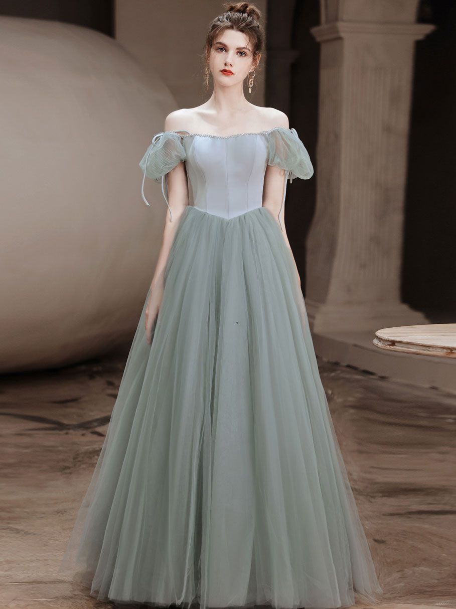 Elegant Gray Green Tulle Long Prom Dress for Women - Formal Evening Gown for Homecoming, Ball, and Special Occasions