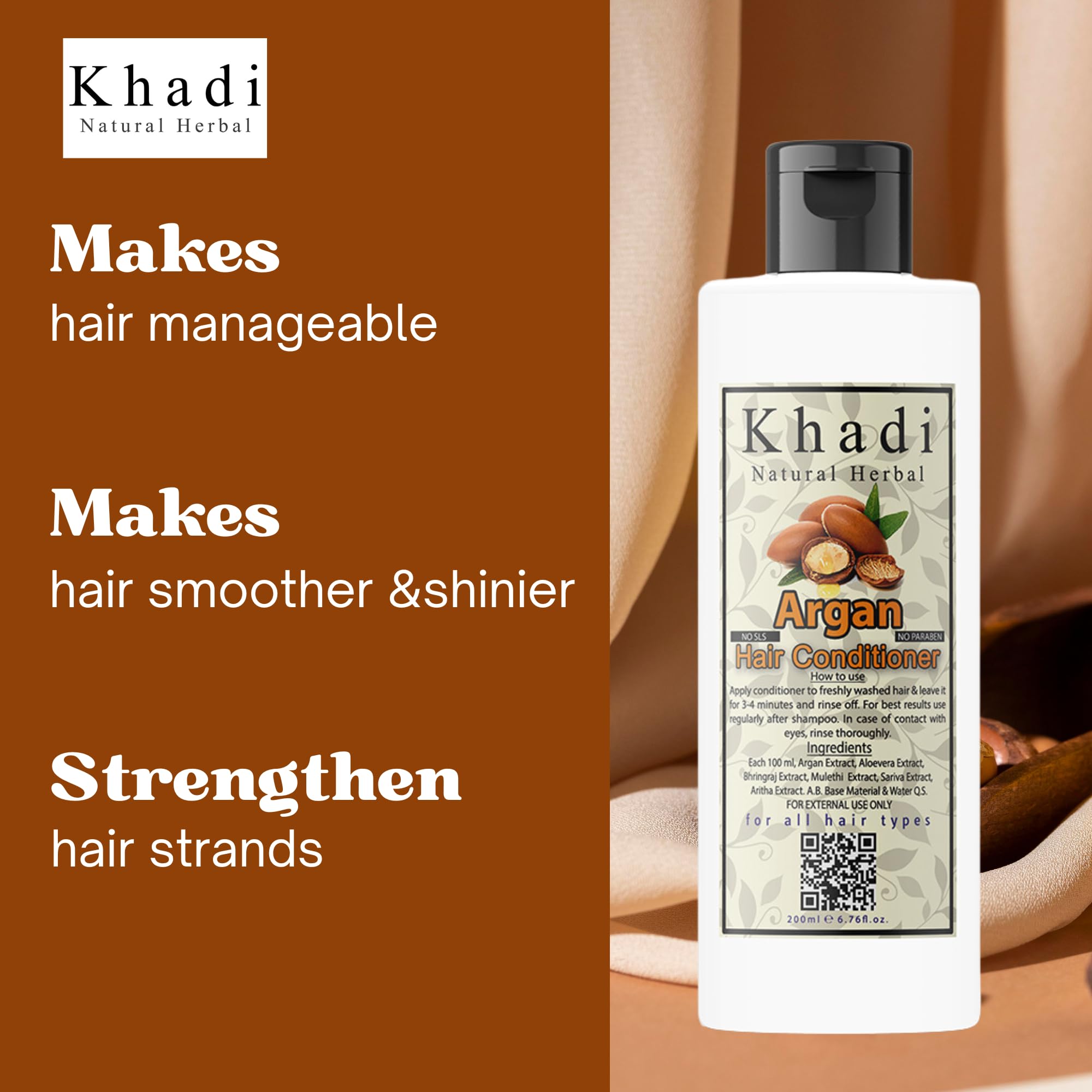 Khadi Natural Herbal Argan Conditioner for Dry & Frizzy Hair - Sulfate & Paraben Free with Argan Oil Extract | Strengthens & Softens Hair | 200ml for Women & Men | Perfect for Daily Hair Care & Salon-Like Results at Home