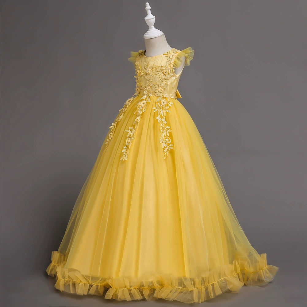 Elegant Yellow A-Line Round Floor-Length Lace Flower Girl Dress for Weddings, Baptisms & Special Occasions