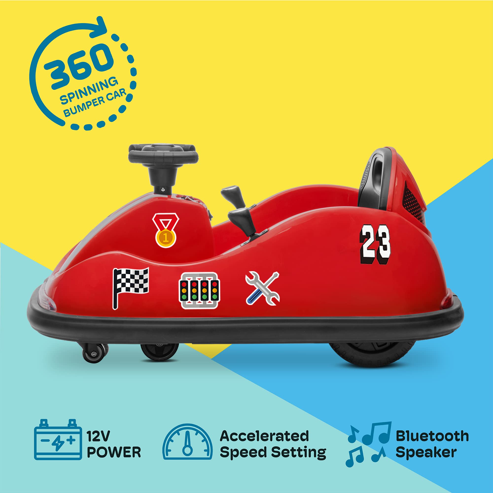 Kidzone 12V Ride On Bumper Car for Kids 1.5-6 Years Old - 2 Driving Modes (Steering Wheel & Joystick), 360° Spin, Remote Control & LED Lights - Perfect for Indoor/Outdoor Play, Birthday Gifts & DIY Sticker Fun