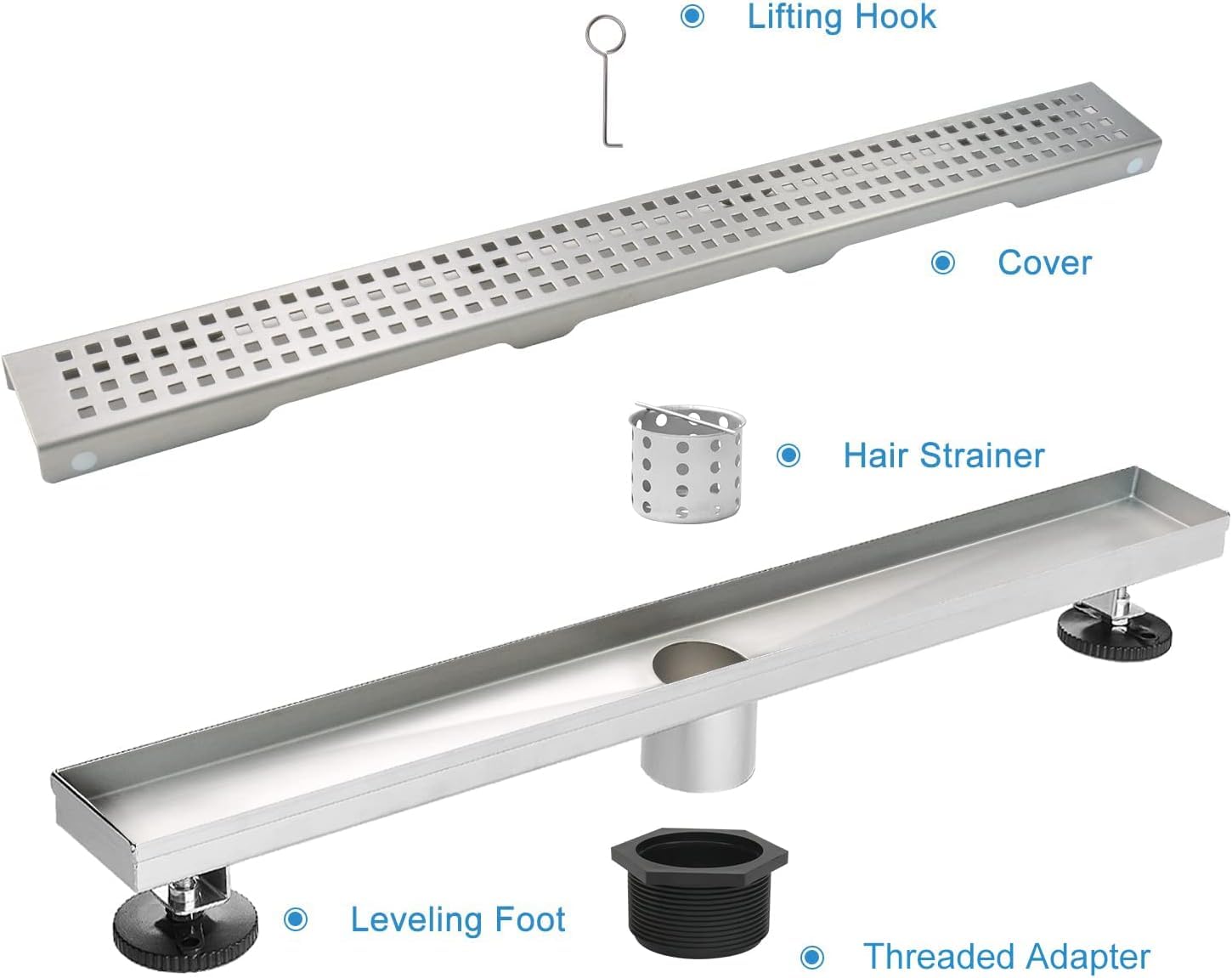 18 Inch AISI 304 Stainless Steel Linear Shower Drain with Removable Grate Cover, Hair Catcher & Leveling Feet - Professional Waterproof Floor Drain for Modern Bathroom & Walk-in Shower Installation
