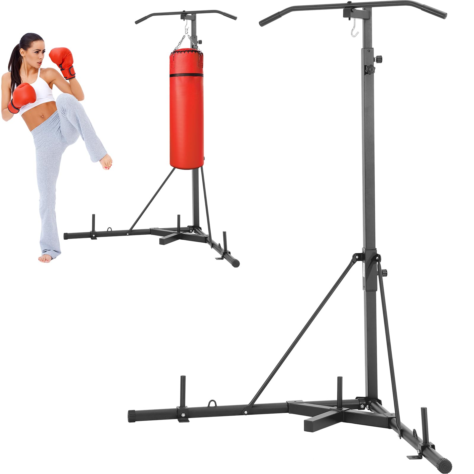VEVOR 2 in 1 Heavy Duty Punching Bag Stand with Pull Up Bar - Adjustable Height Freestanding Boxing Stand for Home Gym, Supports 400 lbs - Perfect for Boxing Training, MMA Workouts & Fitness Exercises