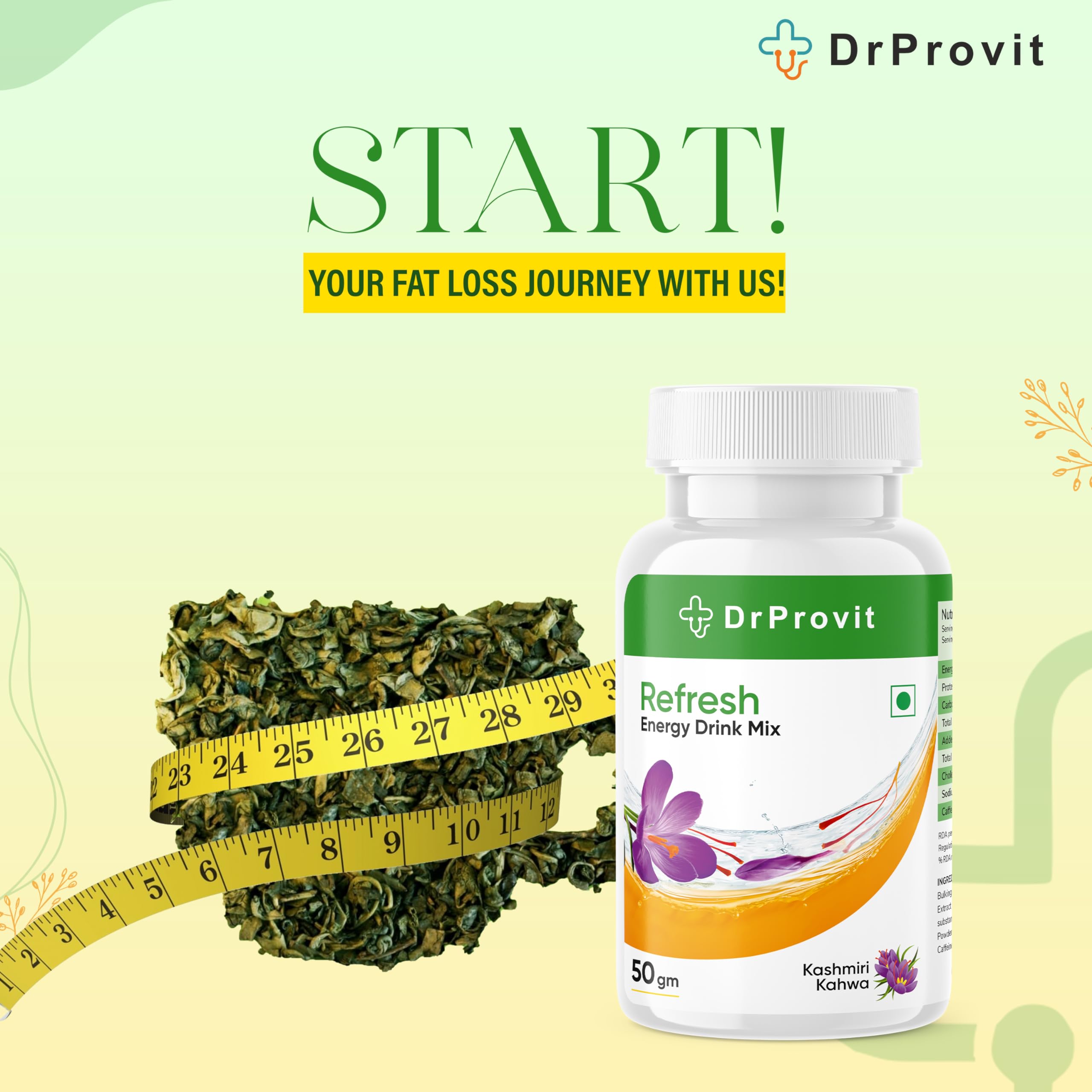 Dr.Provit Refresh Energy Drink Mix - 50 Servings, Kashmiri Kahwa Flavor (50g) | Boost Energy & Focus | Perfect for Workouts, Study & Travel
