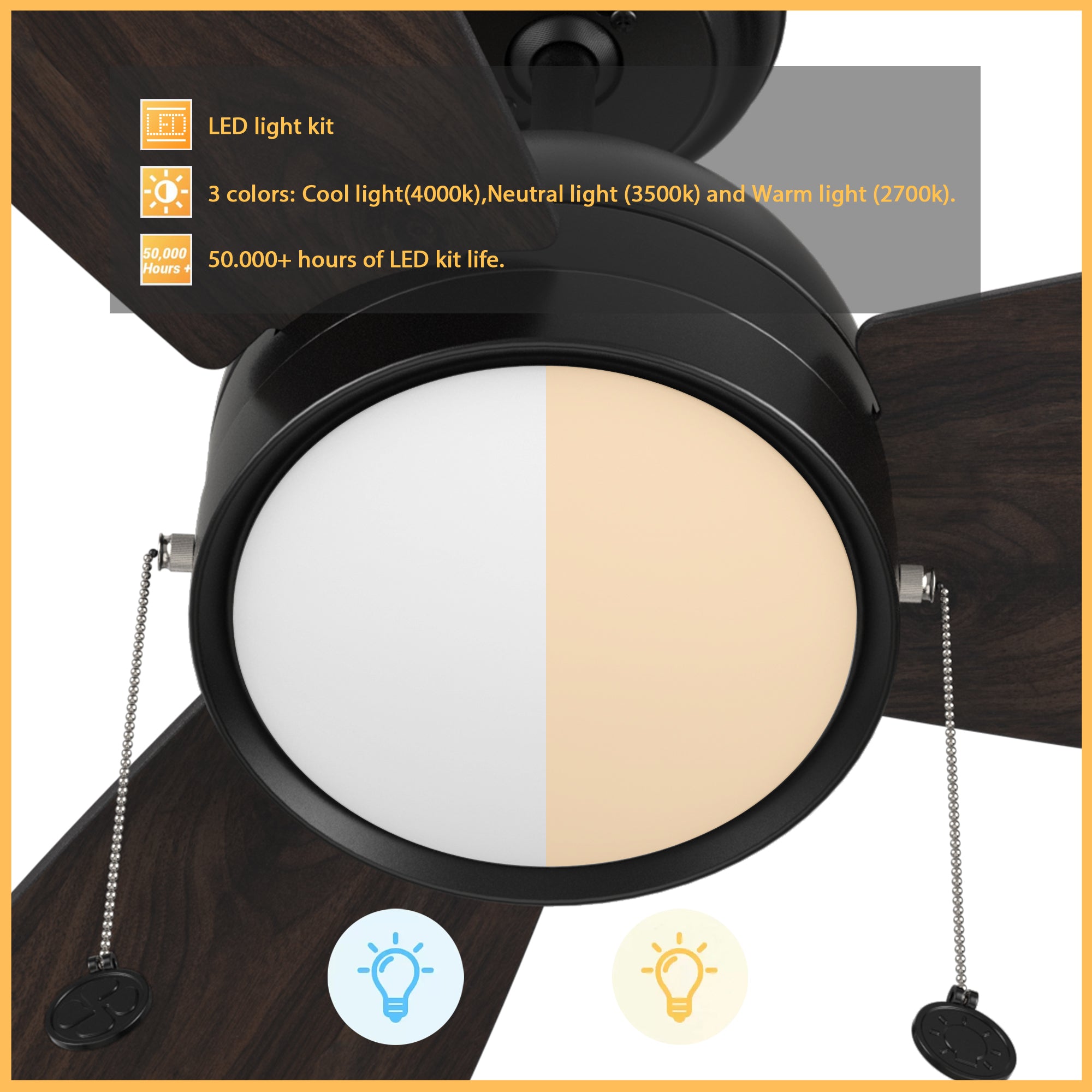 52 Inch Ceiling Fan with LED Light and Pull Chain - Modern Indoor/Outdoor Fan for Bedroom, Living Room, Patio - Quiet DC Motor, Remote Control, Energy Efficient