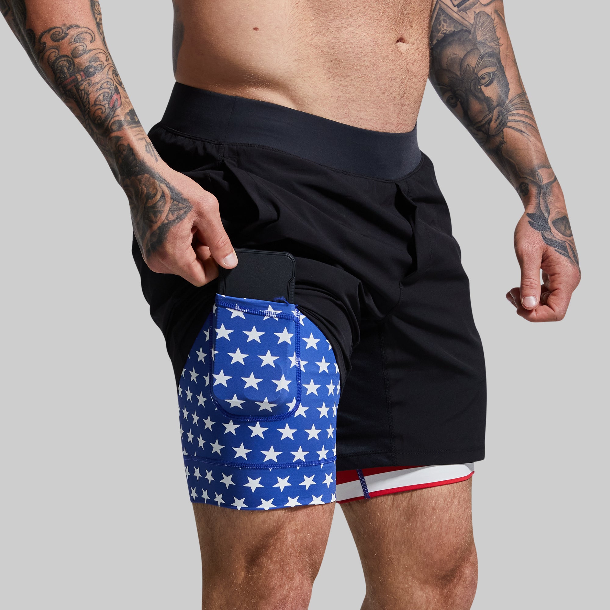 Versatile 7-Inch Compression Shorts for Men - Breathable & Moisture-Wicking Workout Shorts (Black Liberty) - Ideal for Running, Gym Training & Outdoor Sports