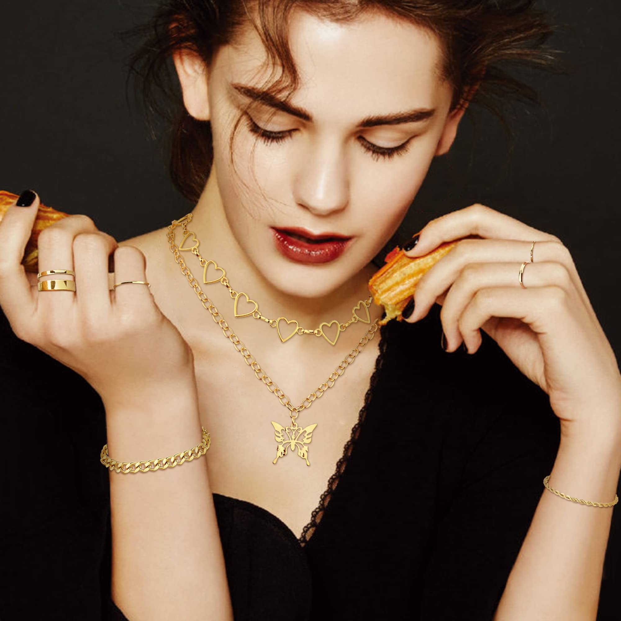 Sanfenly Women's Gold Jewelry Set - Layered Necklace, Chunky Bracelet & Knuckle Ring Set - Elegant Costume Accessories for Parties, Weddings & Daily Wear