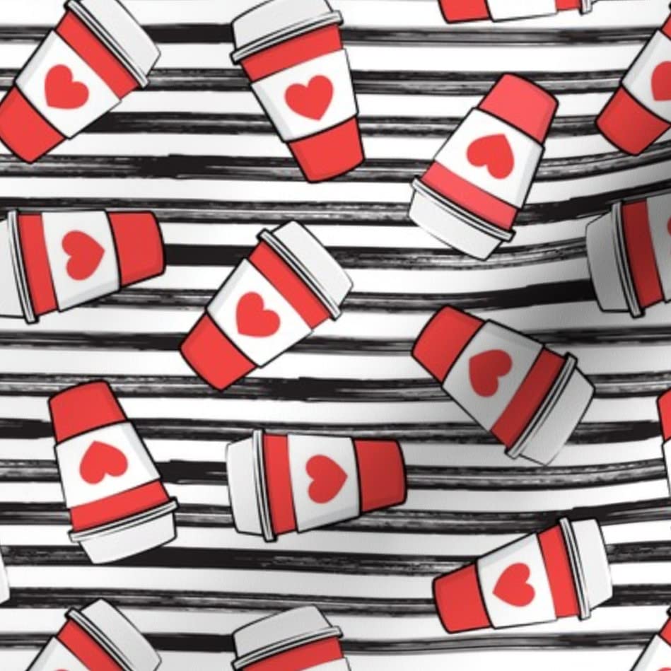 Valentine's Day Coffee Red Hearts & Black Stripes Printed Minky Fabric Fat Quarter - Soft Plush Material for Sewing Baby Blankets, Quilt Backing, DIY Crafts - Perfect for Romantic Gifts & Home Decor