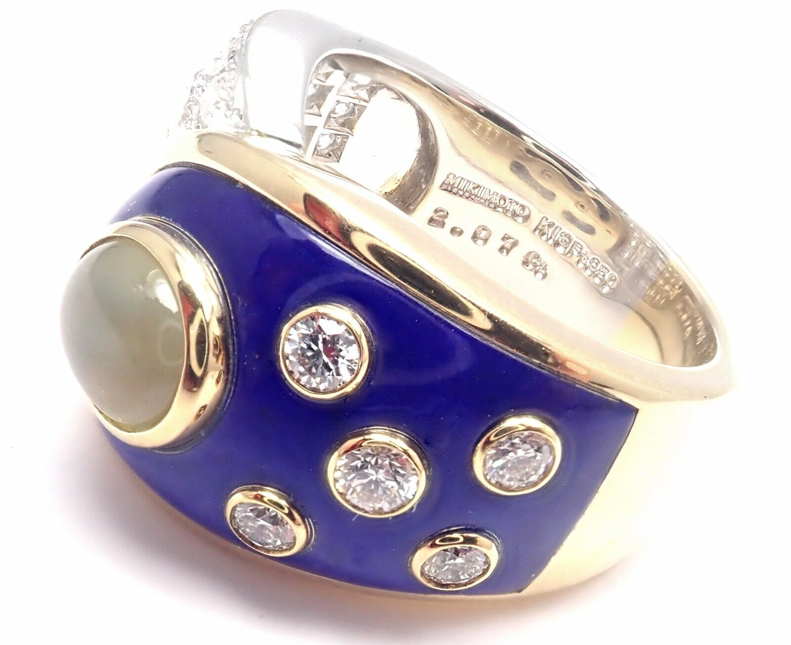 Authentic Mikimoto Platinum & 18K Gold Diamond Cat's Eye Enamel Band Ring - Luxury Jewelry for Women, Elegant Gift for Anniversary, Wedding & Special Occasions