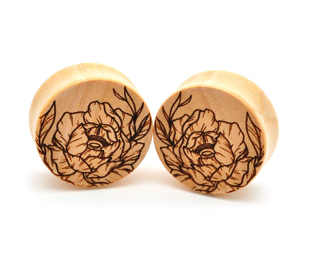 Mystic Metals Body Jewelry - Pair of Laser Engraved Offset Floral Wood Plugs (3mm) - Crocodile Wood Design - Perfect for Ear Stretching, Gauges & Alternative Fashion