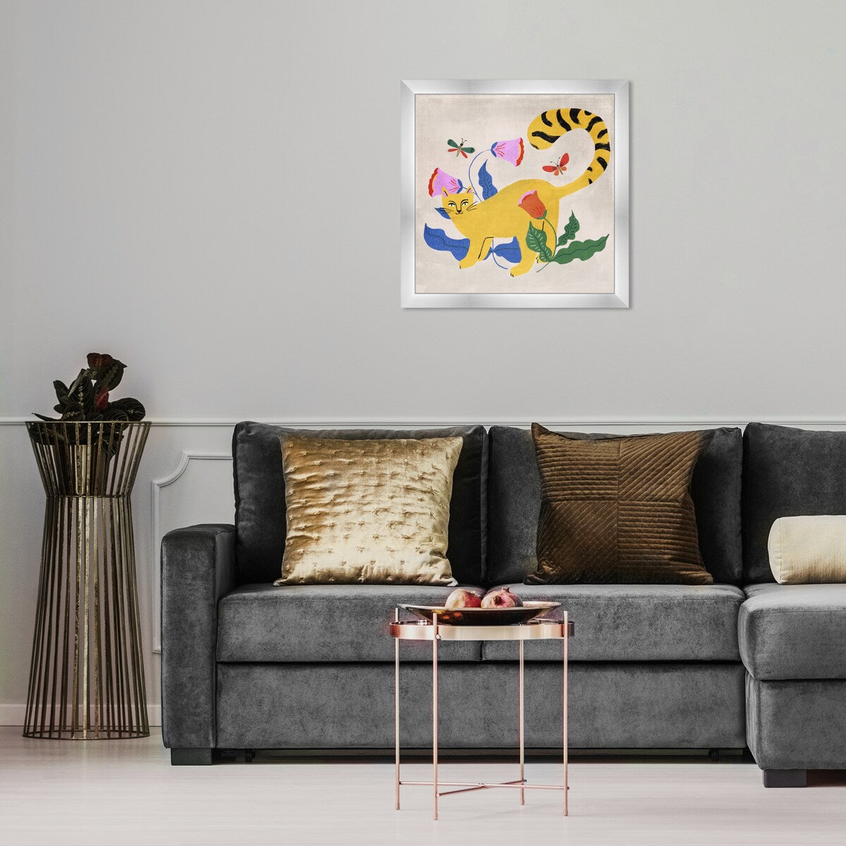 Blonde Tabby Floral Kitten Butterfly Garden Modern Yellow Framed Wall Art Print - Perfect for Bedroom, Nursery, Living Room & Home Decor