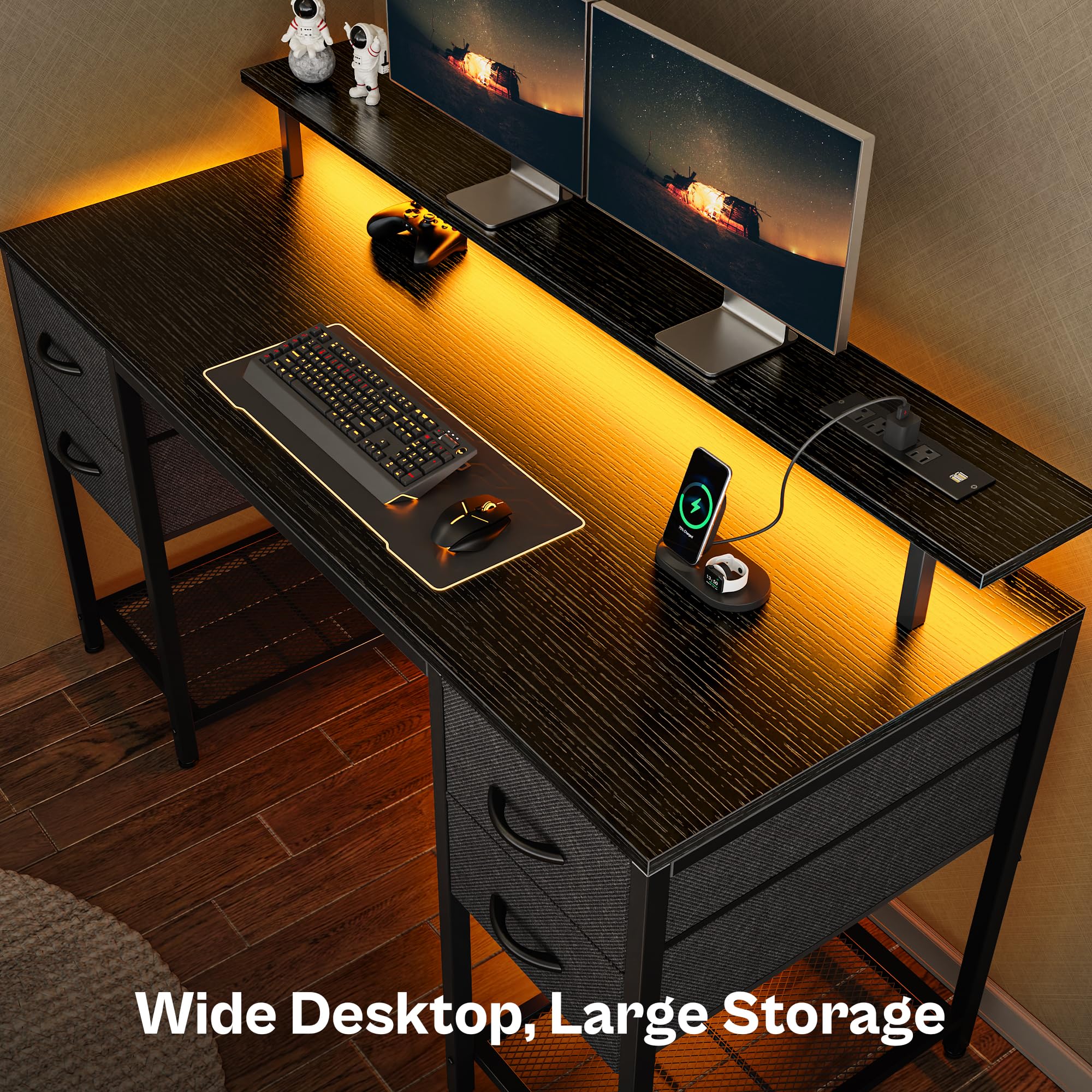 Huuger 55 Inch LED Gaming Desk with Power Outlets & 4 Drawers - Black Home Office Computer Desk with Large Storage Space for Bedroom, Work from Home | Perfect for Gaming Setup, Remote Work & Study