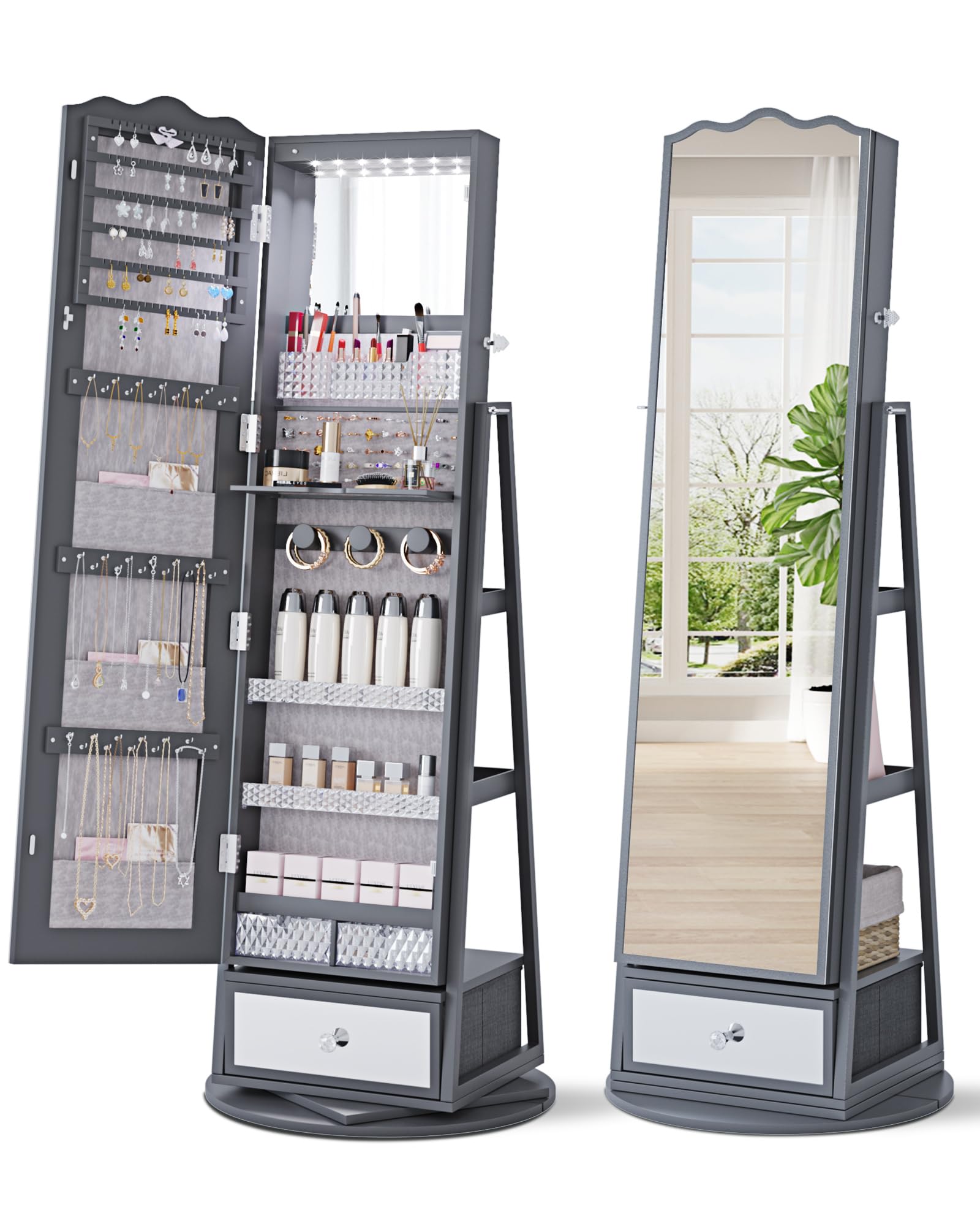 360° Swivel Full-Length LED Jewelry Armoire Mirror with Lockable Storage - Large Capacity Vanity Organizer with Shelves & Drawer for Bedroom, Closet, or Dressing Room (Grey)