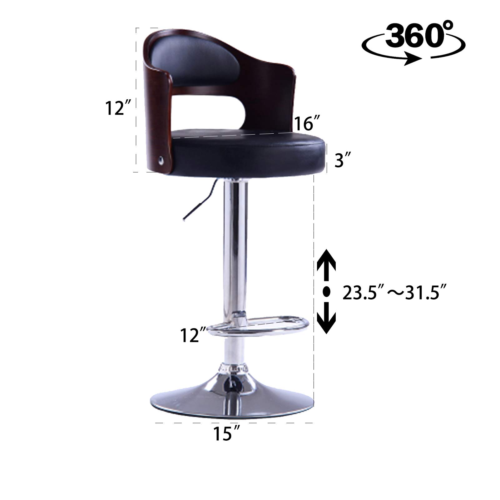 LIYUEUS 3-Piece Adjustable Swivel Bar Stool Set with Footrest - Counter Height Bar Chairs with Brown Pattern Back - Perfect for Kitchen Island, Breakfast Nook & Home Bar (Black)