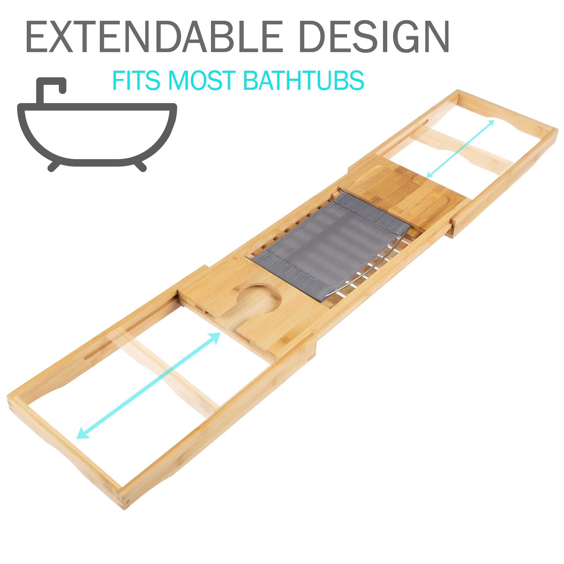 Expandable Bamboo Bathtub Tray Set of 2 - Natural Wood Bath Caddy with Cup Holder & Book/Phone/Tablet Stand | Perfect for Relaxing Baths, Spa Days & Reading in the Tub