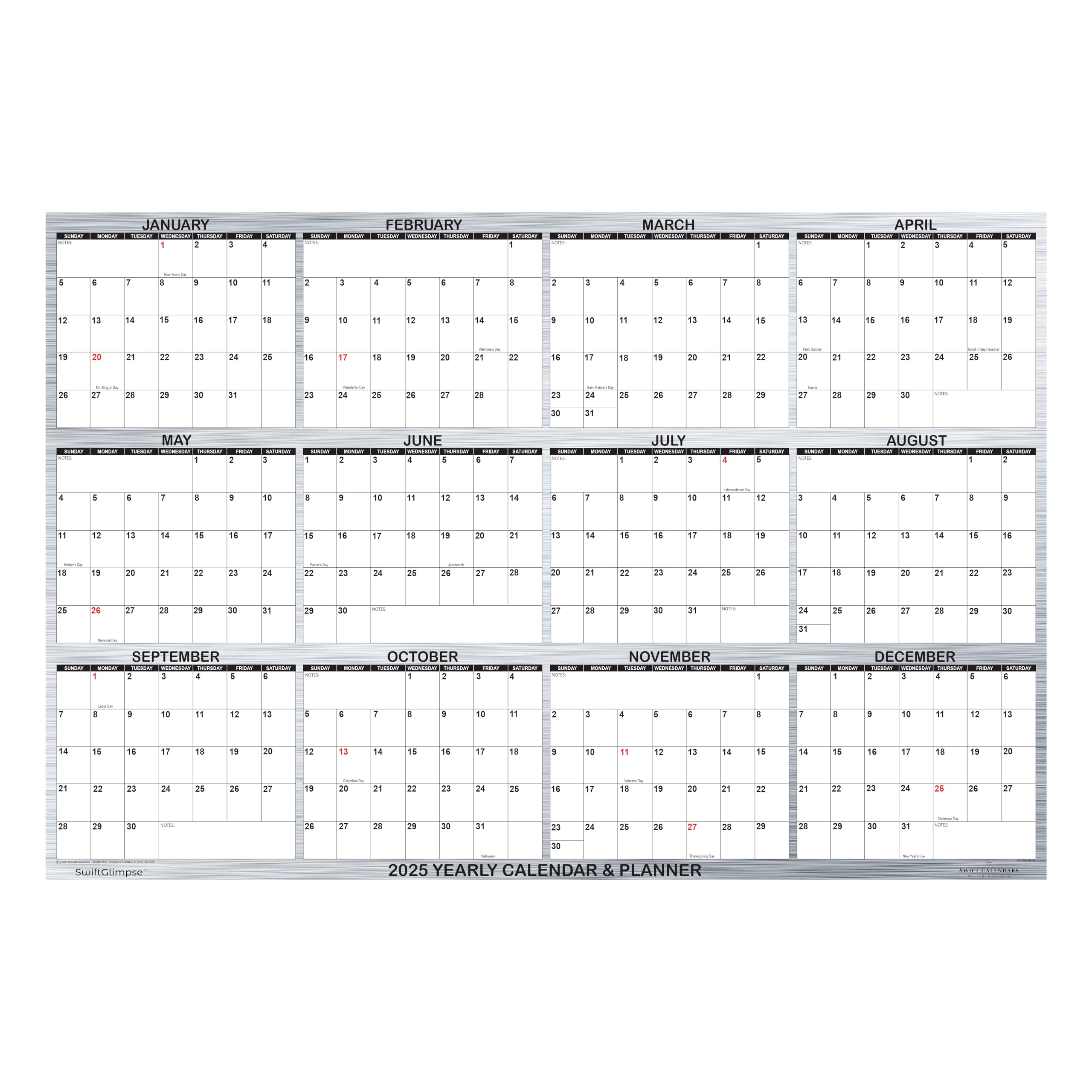 2025 SwiftGlimpse Wall Calendar - 24x36 Inch Large Designer Series | Dry Erase Yearly Planner with Brushed Metal Frame | Perfect for Office, Home & Classroom Organization