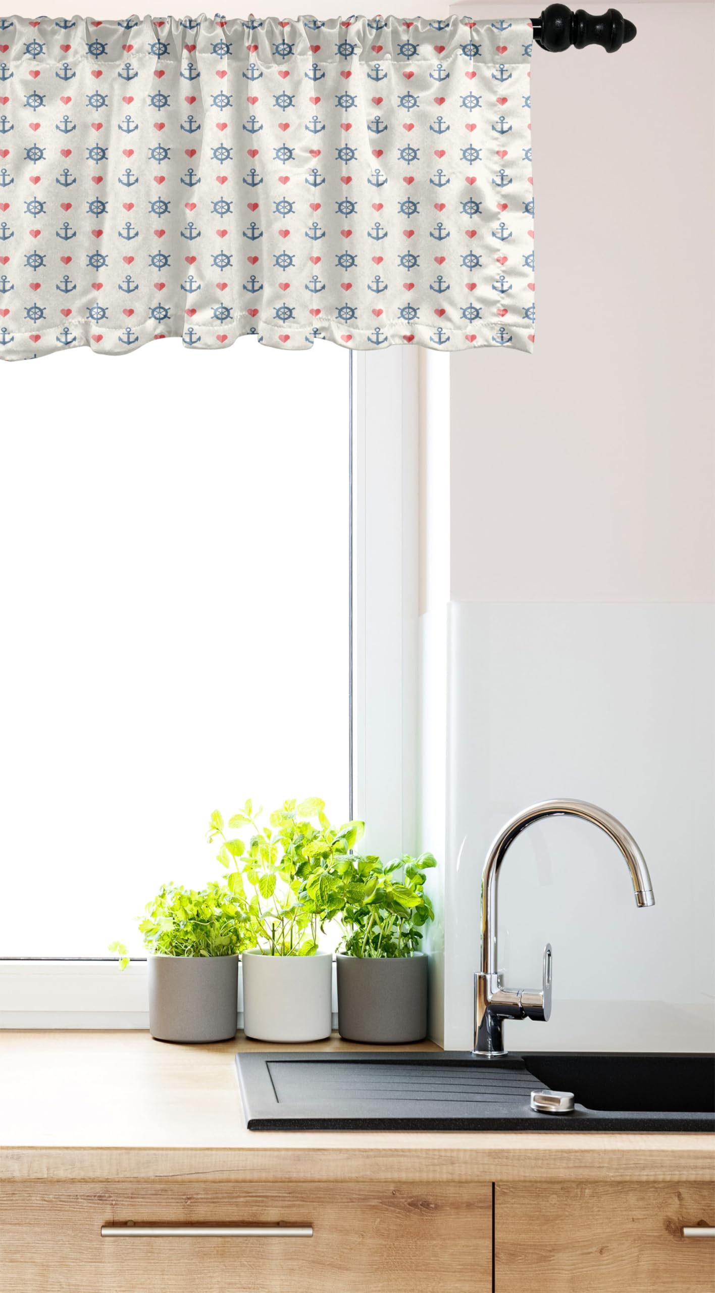 Ambesonne Anchor Window Valance - Nautical Maritime Curtain with Sea & Red Hearts Design, Blue Red White Kitchen & Bedroom Decor, Rod Pocket Valance 54x18 Inches | Perfect for Coastal, Beach House & Romantic Home Decor