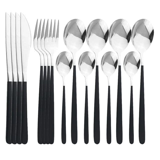 Premium 16-Piece Stainless Steel Flatware Set - 304 Stainless Steel Cutlery Set with Knives, Forks & Spoons - Elegant Black & Silver Dinnerware for Kitchen, Dining & Entertaining - Dishwasher Safe Silverware Set for Everyday Use & Special Occasions