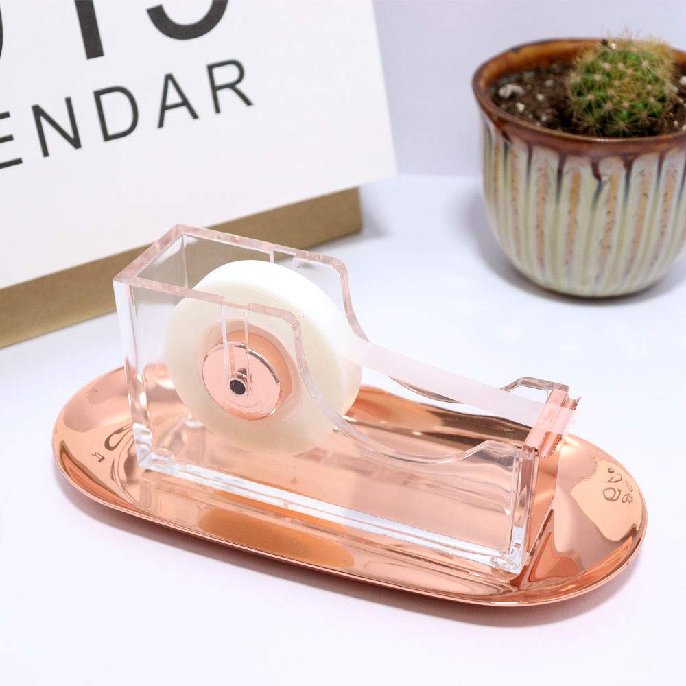 Clear Rose Gold Acrylic Desk Organizer Set - Tape Dispenser, Stapler (24/6 Staples), Sticky Notes Holder, Magnetic Paper Clip Holder, Pen & Pencil Holder - Stylish Office Supplies for Home & Workspace Organization