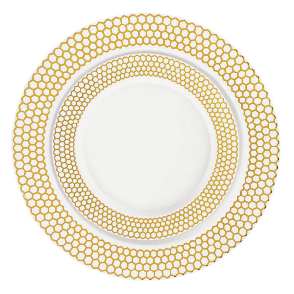 32-Piece White & Gold Round Plastic Dinnerware Set - Honeycomb Design for 16 Guests | Elegant Disposable Plates, Cups & Cutlery for Parties, Weddings & Outdoor Events