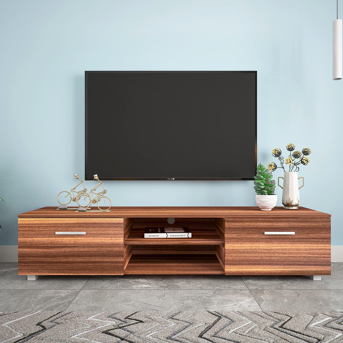 70 Inch Walnut TV Stand with 2 Storage Cabinets & Open Shelves - Modern Entertainment Center Console Table for Living Room & Bedroom - Perfect for Home Theater Setup & Stylish Media Storage