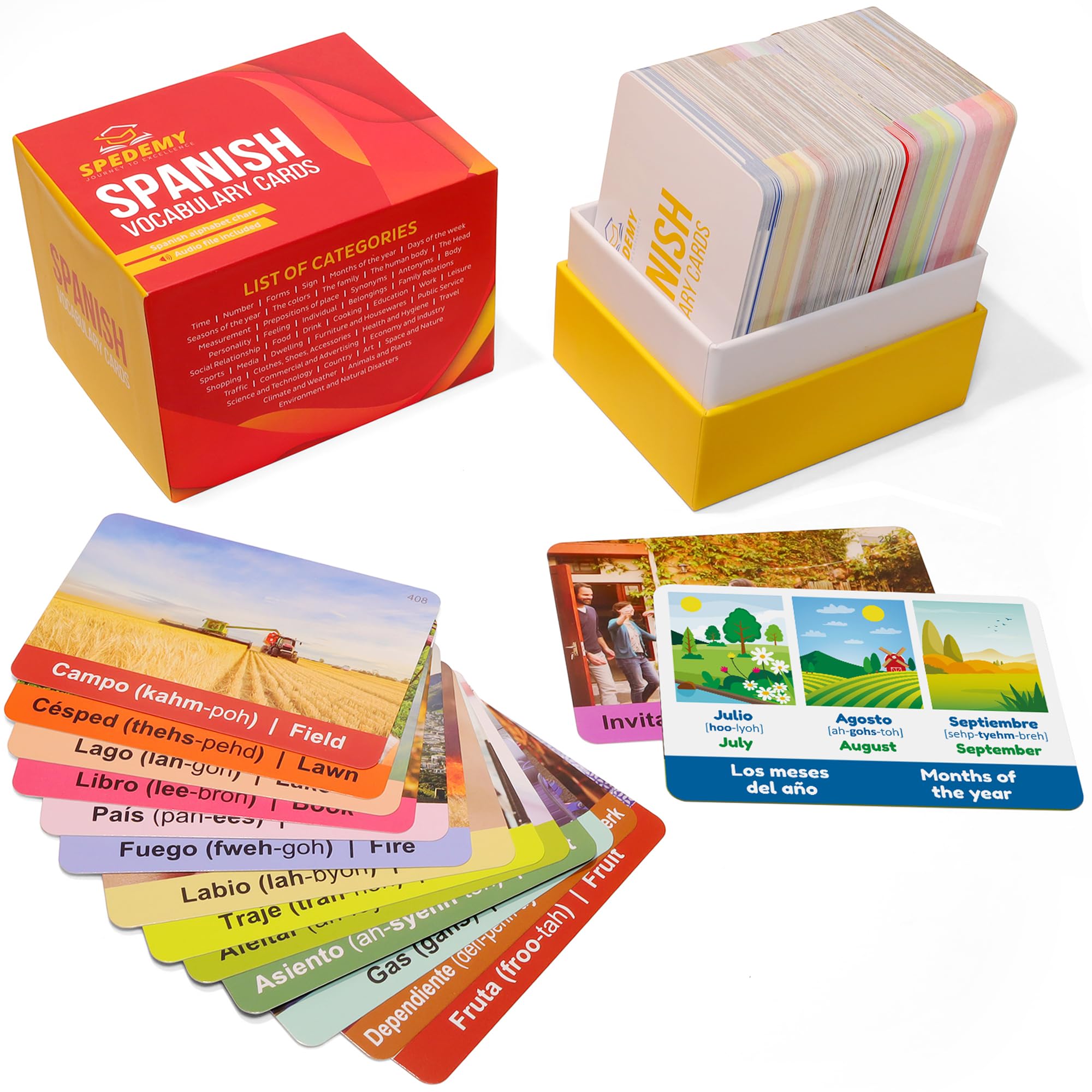 Spedemy Spanish Flash Cards for Adults & Kids - 276 Vocabulary Cards with Pictures, English Meaning & Pronunciation - 720 Words in 47 Categories - Alphabet Chart for Beginners - Perfect for Home Learning, Classroom & Travel Language Practice