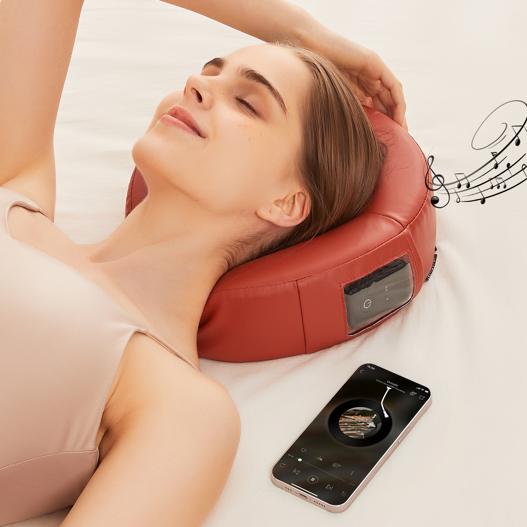 MusicMaster™ Bluetooth Headrest with Crescent Round High-Fidelity Sound Cushion - Wireless Audio for Car, Office & Home - Comfortable Cinnamon Color